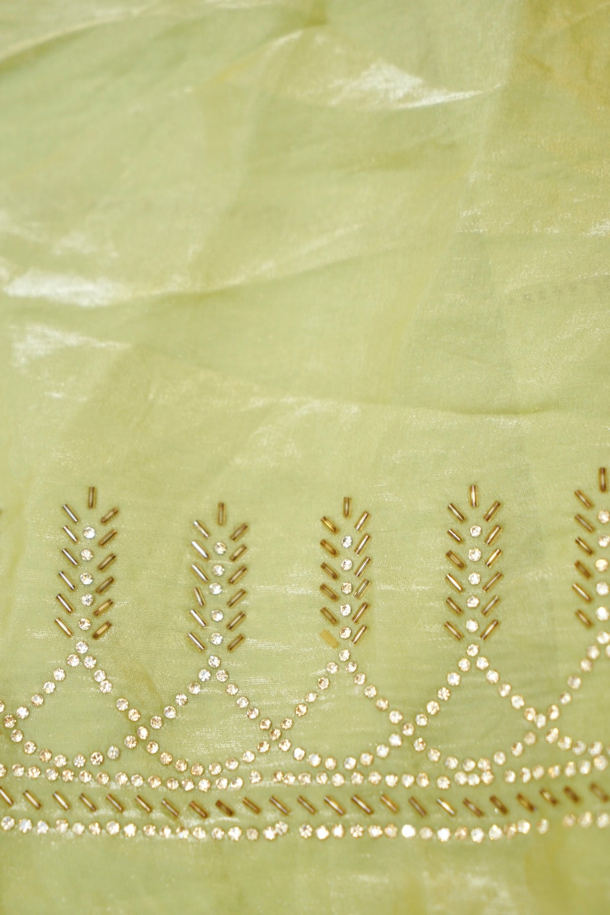 Vine Rhinestone Border Designer Tissue Saree – Pistachio Green