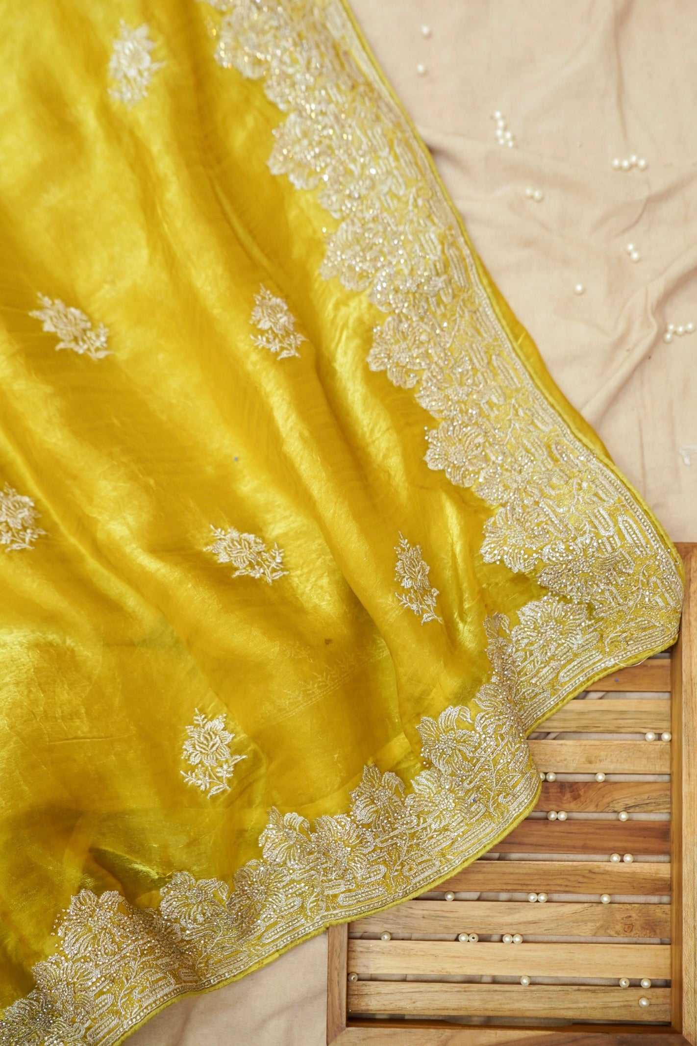 Hibiscus Motifs Designer Saree with Stitched Blouse – Yellow