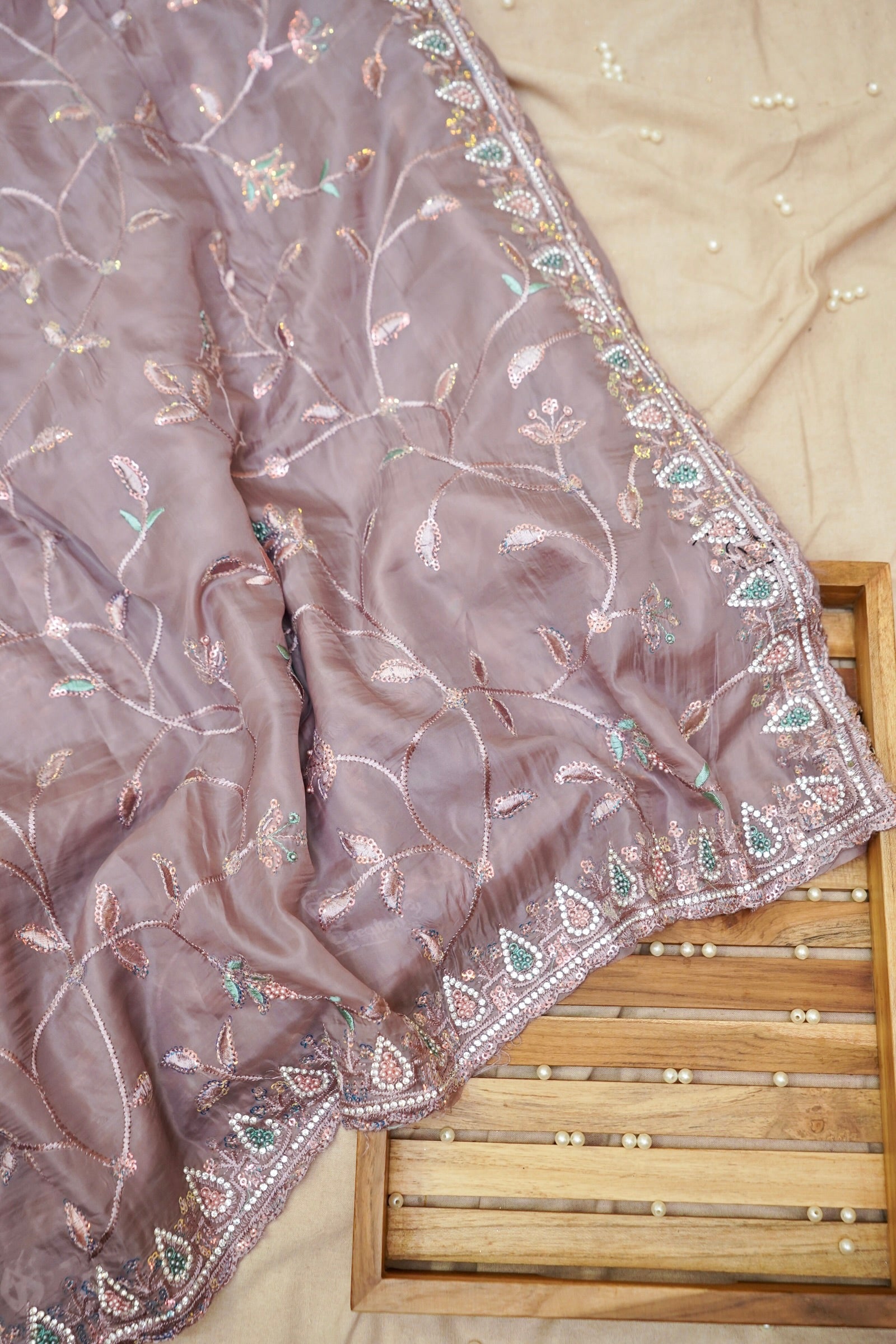 Smoky Taupe Willow Vine Designer Tissue Saree with Rhinestone Work and Stitched Blouse