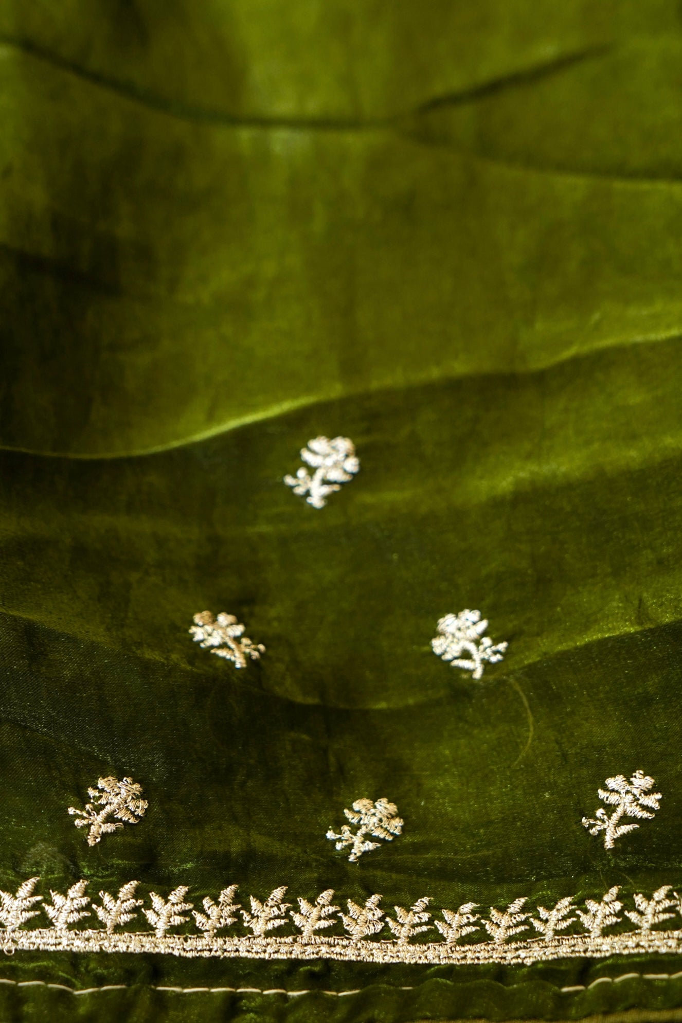 Hibiscus Motifs Designer Saree with Stitched Blouse – Olive Green