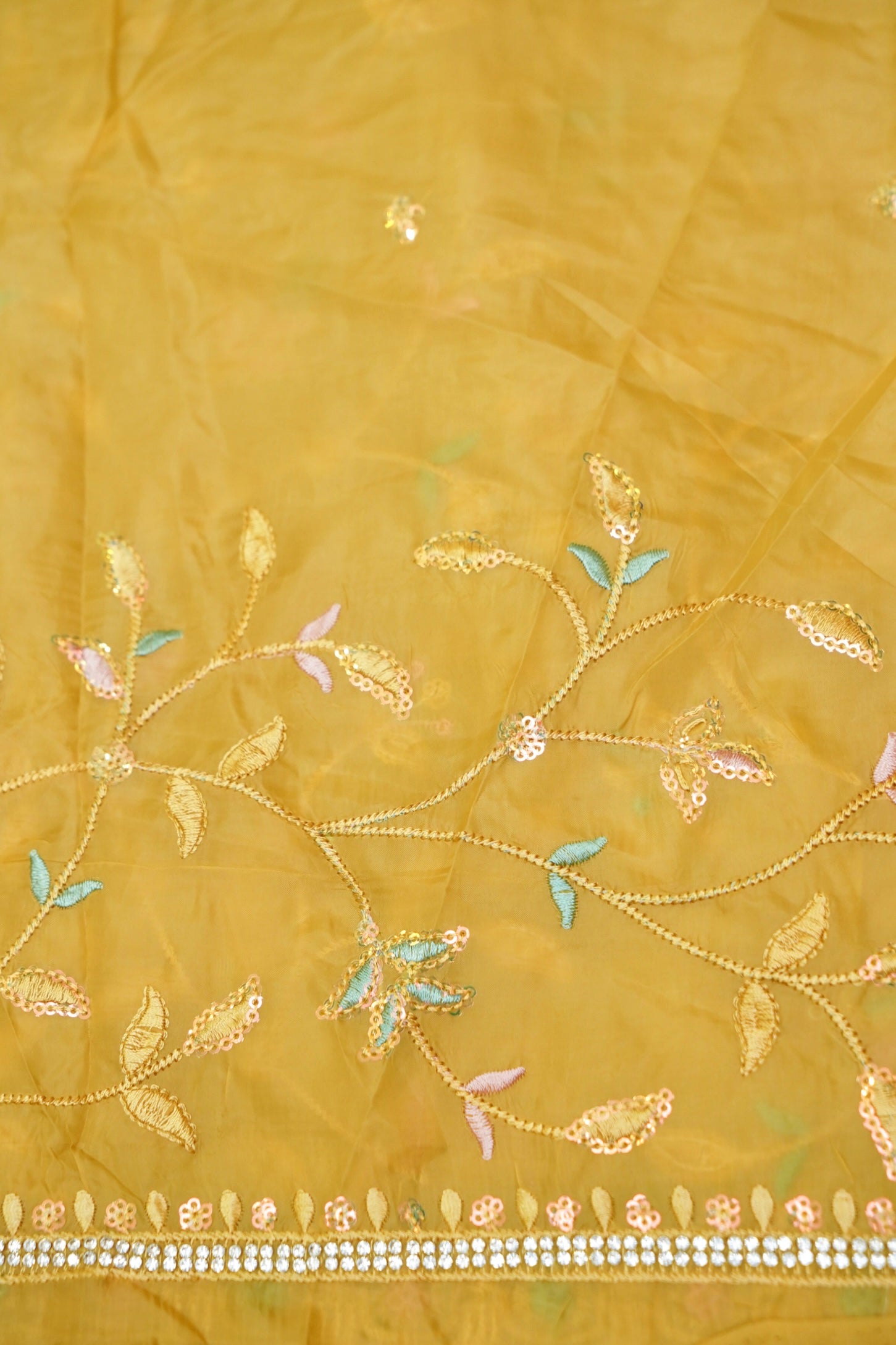 Sun Gold Willow Vine Designer Tissue Saree with Rhinestone Work and Stitched Blouse