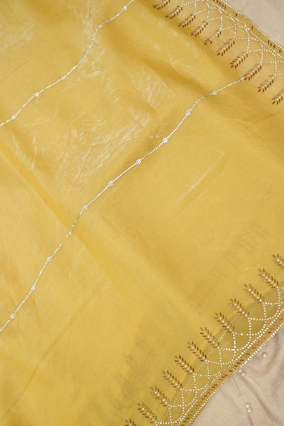 Vine Rhinestone Border Designer Tissue Saree – Sunlit Yellow