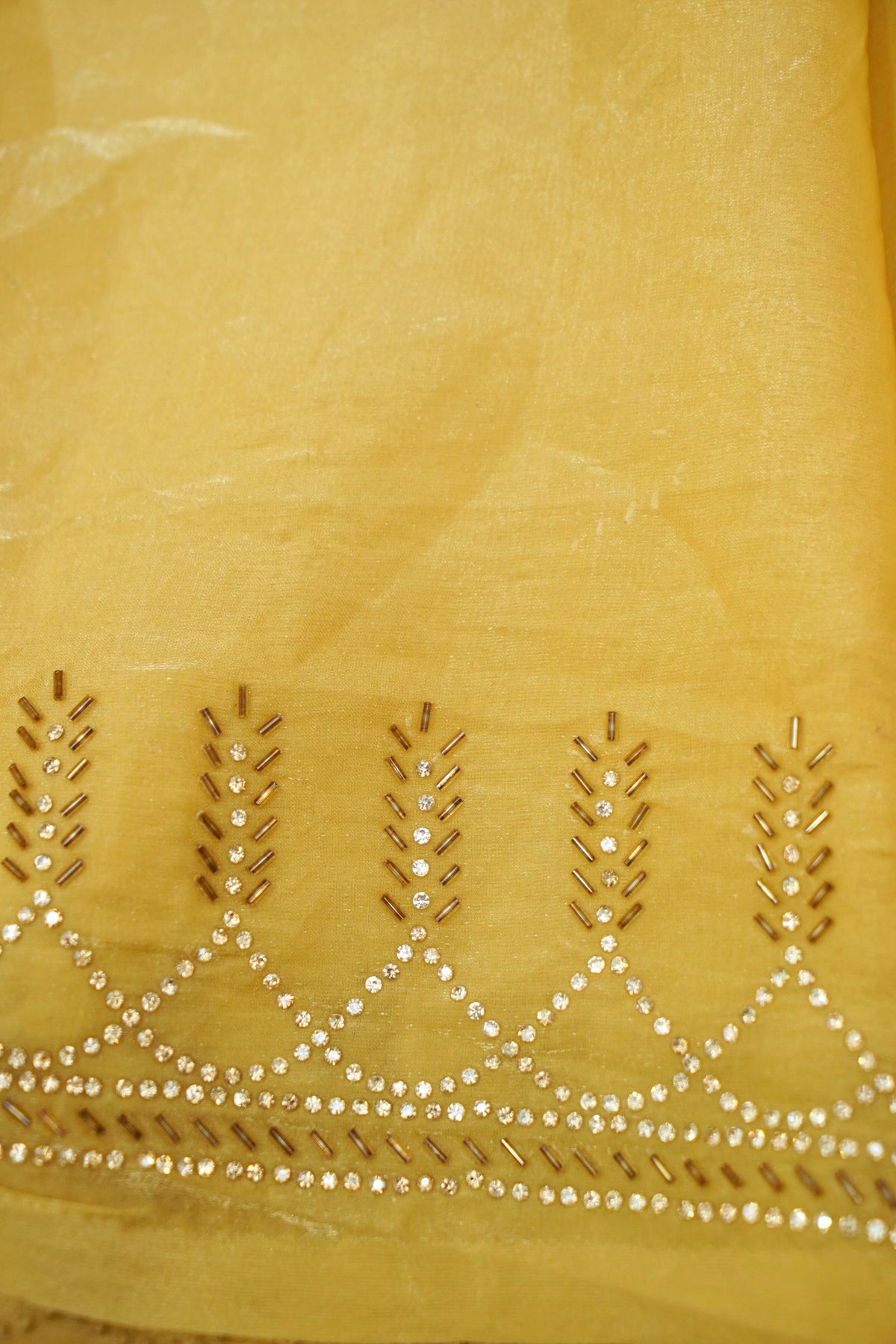 Vine Rhinestone Border Designer Tissue Saree – Sunlit Yellow