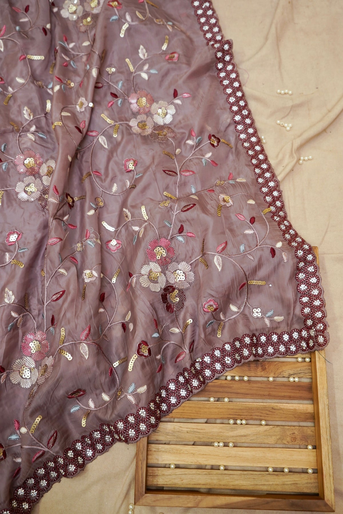 Mauve Embroidered Designer Tissue Saree with Daisy Scalloped Border