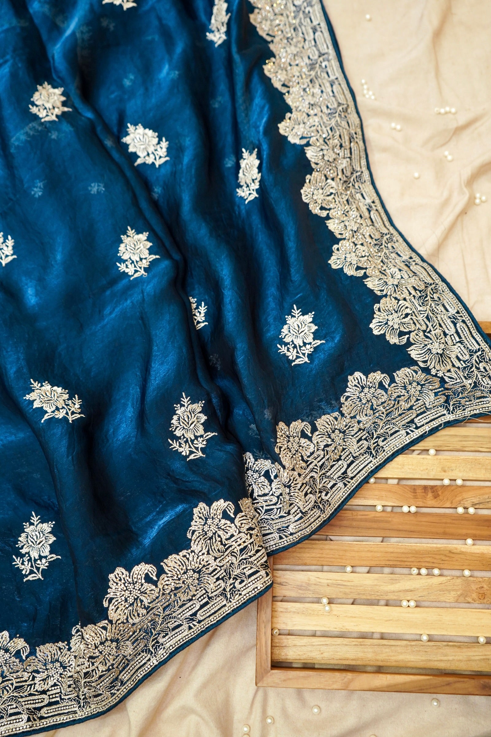 Hibiscus Motifs Designer Saree with Stitched Blouse – Royal Blue