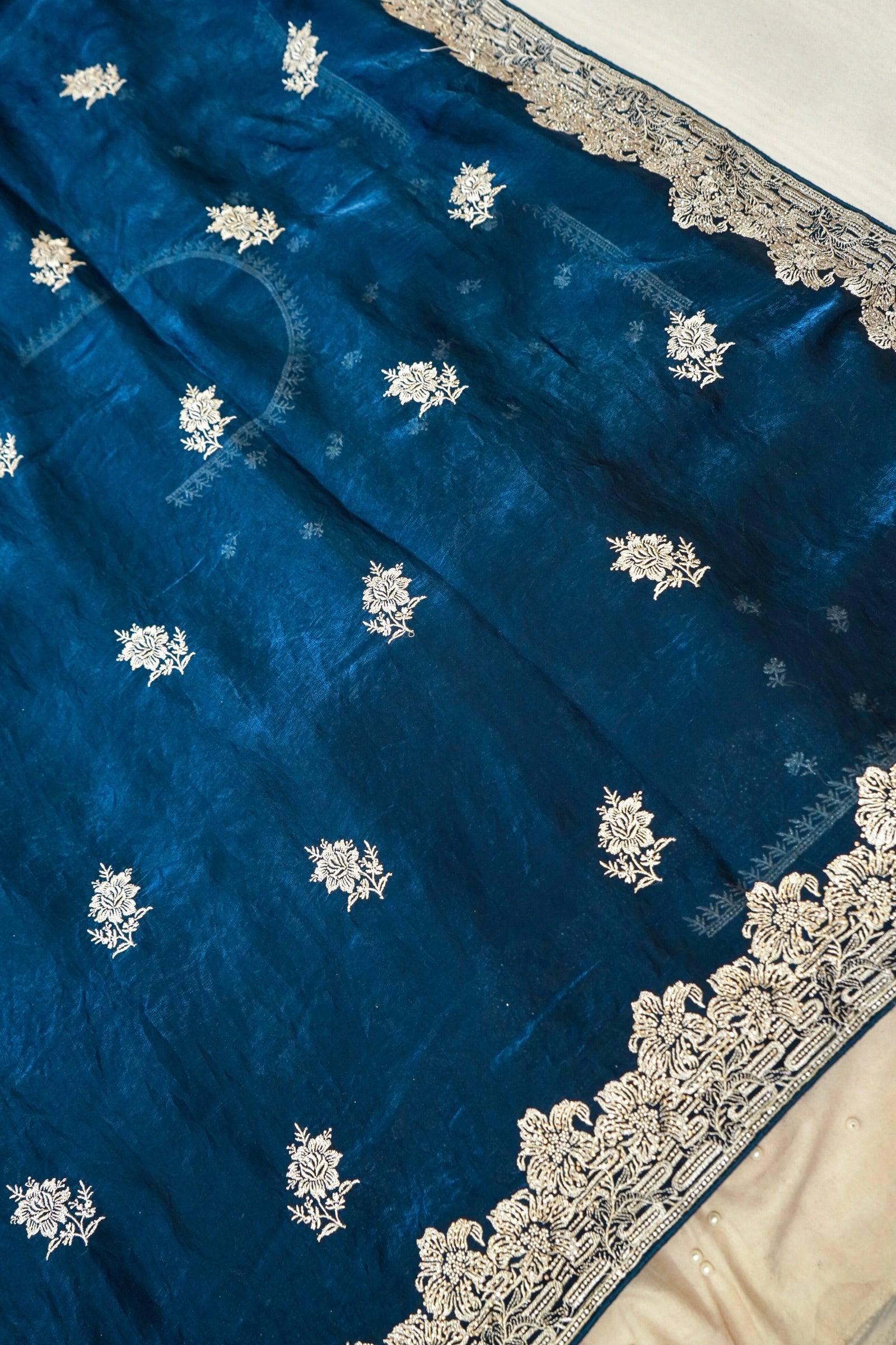 Hibiscus Motifs Designer Saree with Stitched Blouse – Royal Blue
