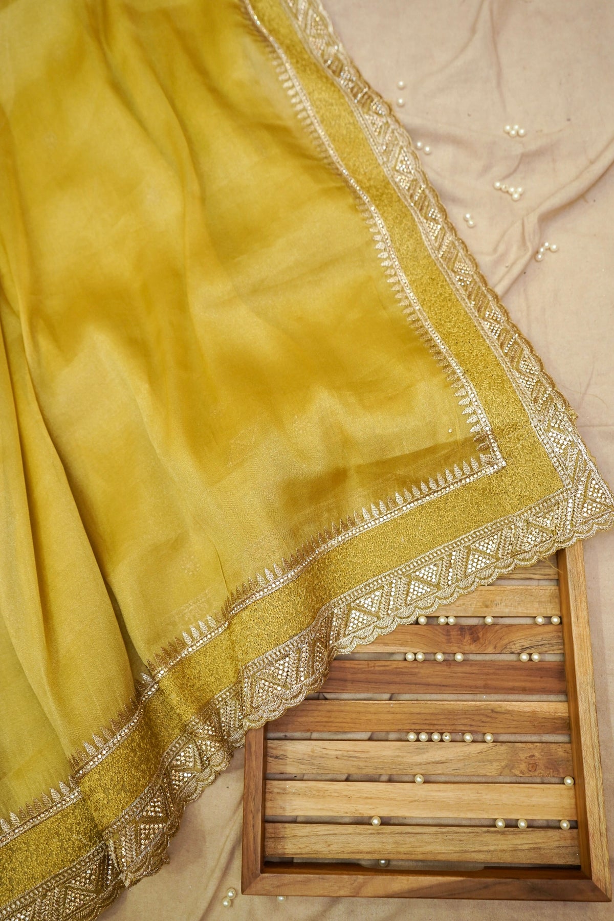 Rhinestone Border Designer Tissue Saree in Golden Mustard