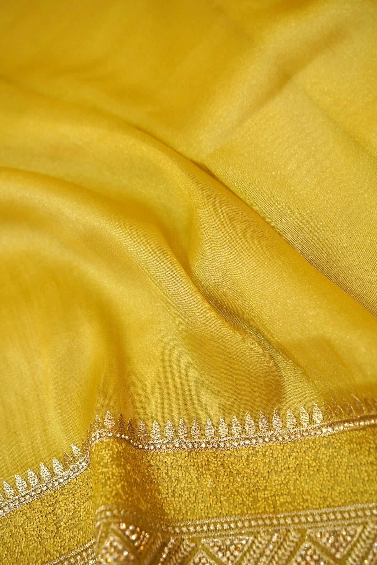 Rhinestone Border Designer Tissue Saree in Golden Mustard