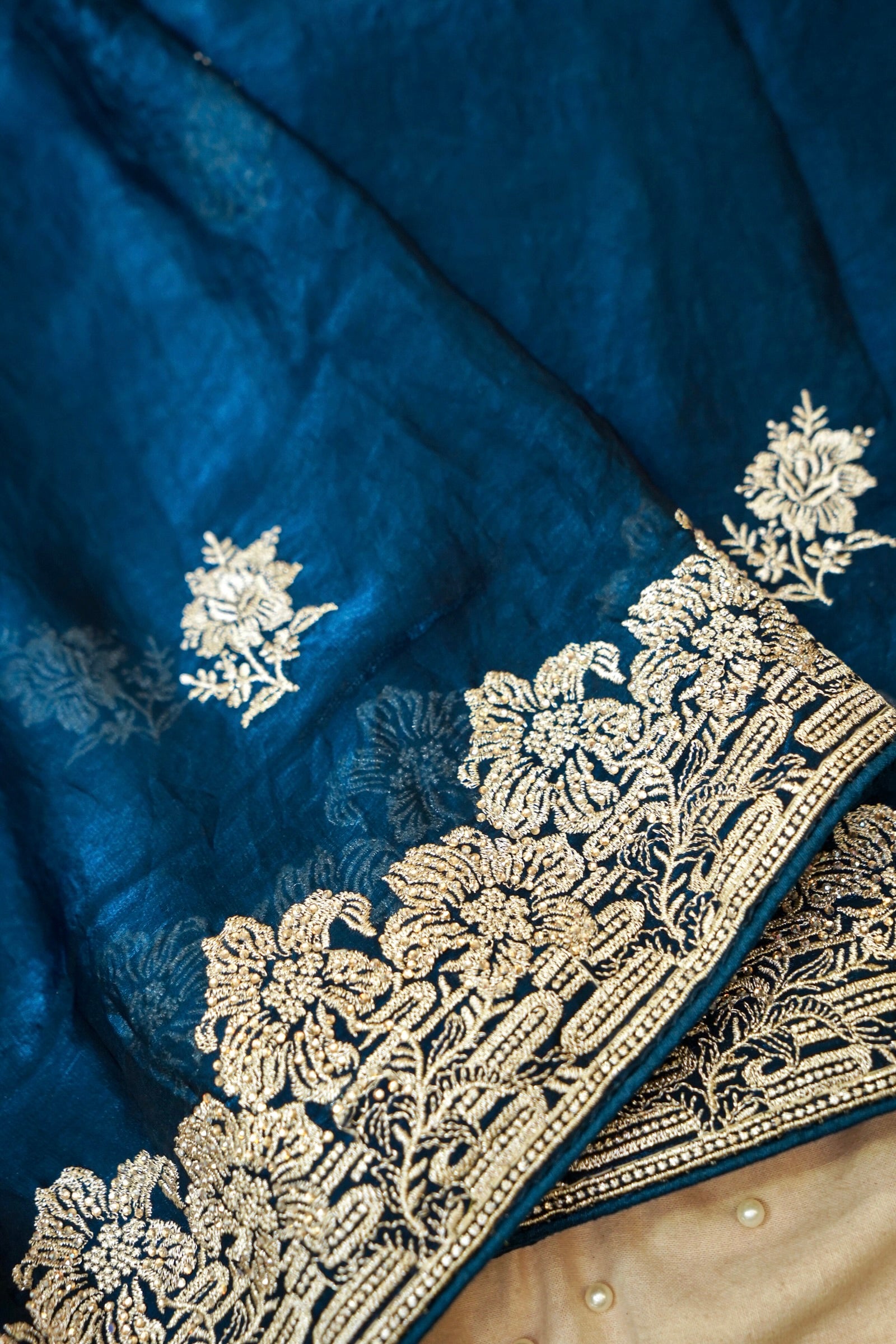 Hibiscus Motifs Designer Saree with Stitched Blouse – Royal Blue