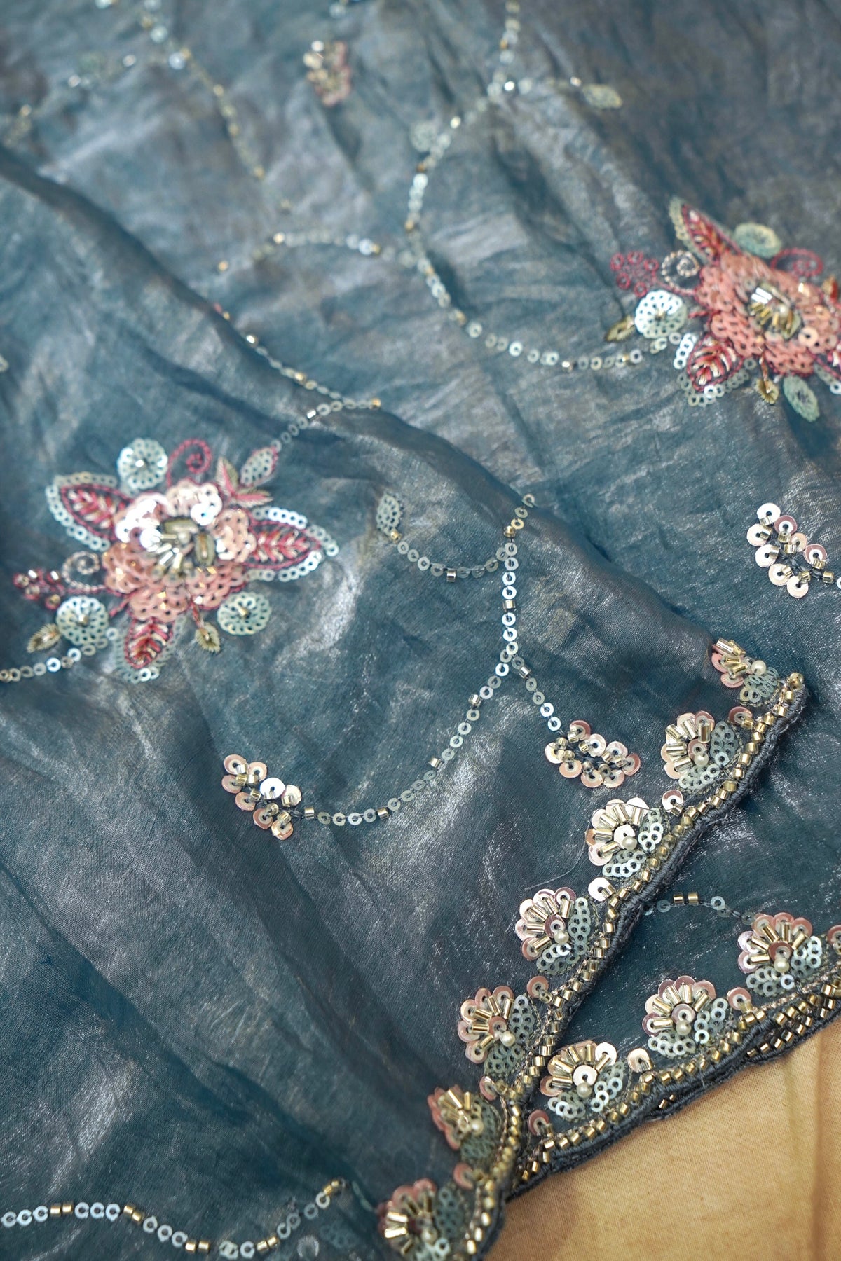 Dusty Blue Blossom Trail Sequin Work Designer Saree