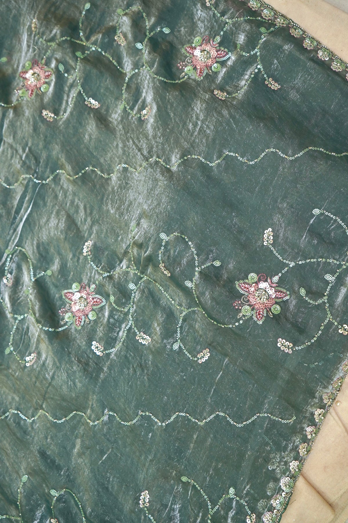 Forest Green Blossom Trail Sequin Work Designer Saree