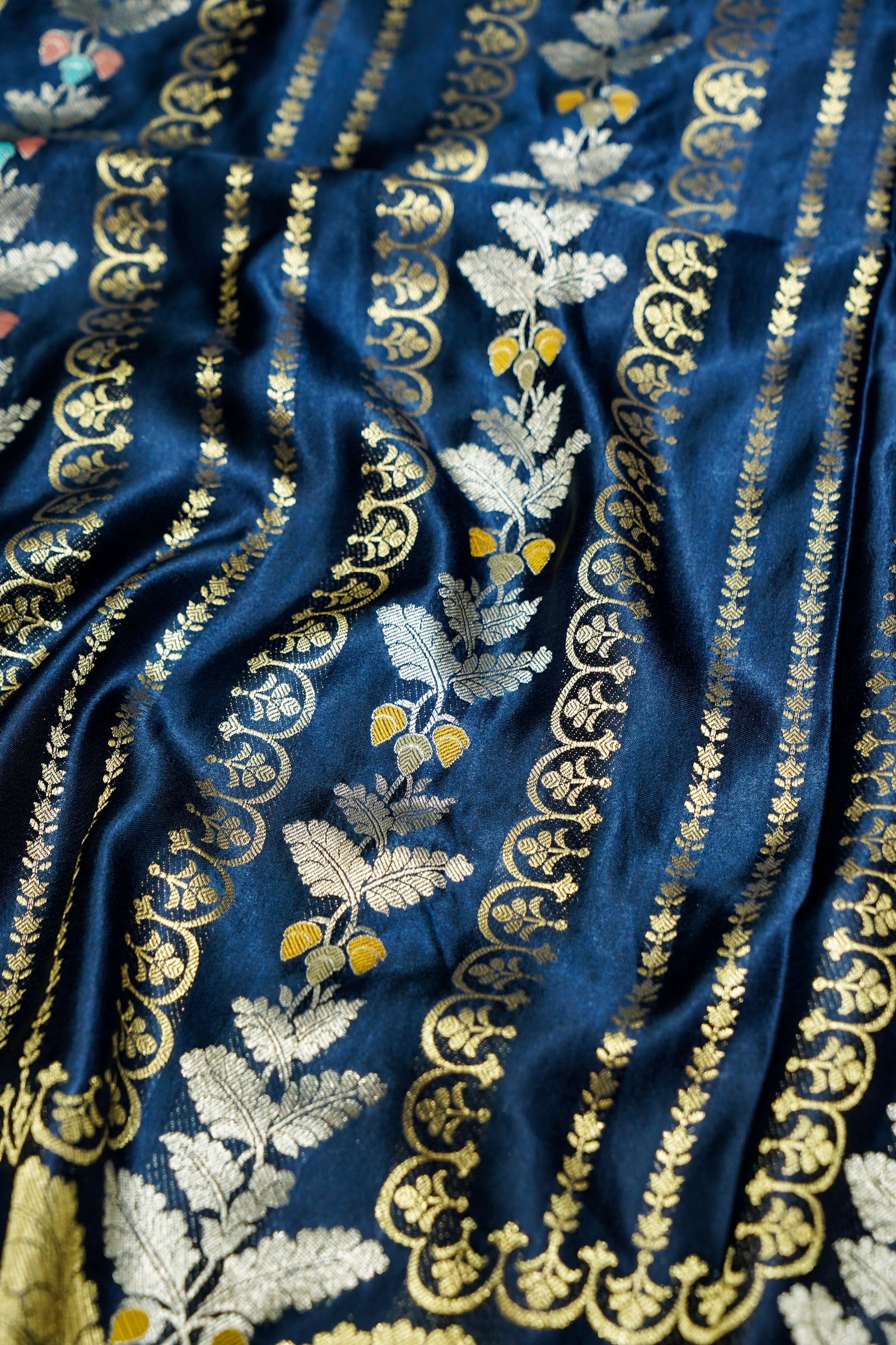 Sapphire Blue Mashru Silk Saree with Champagne Gold Border