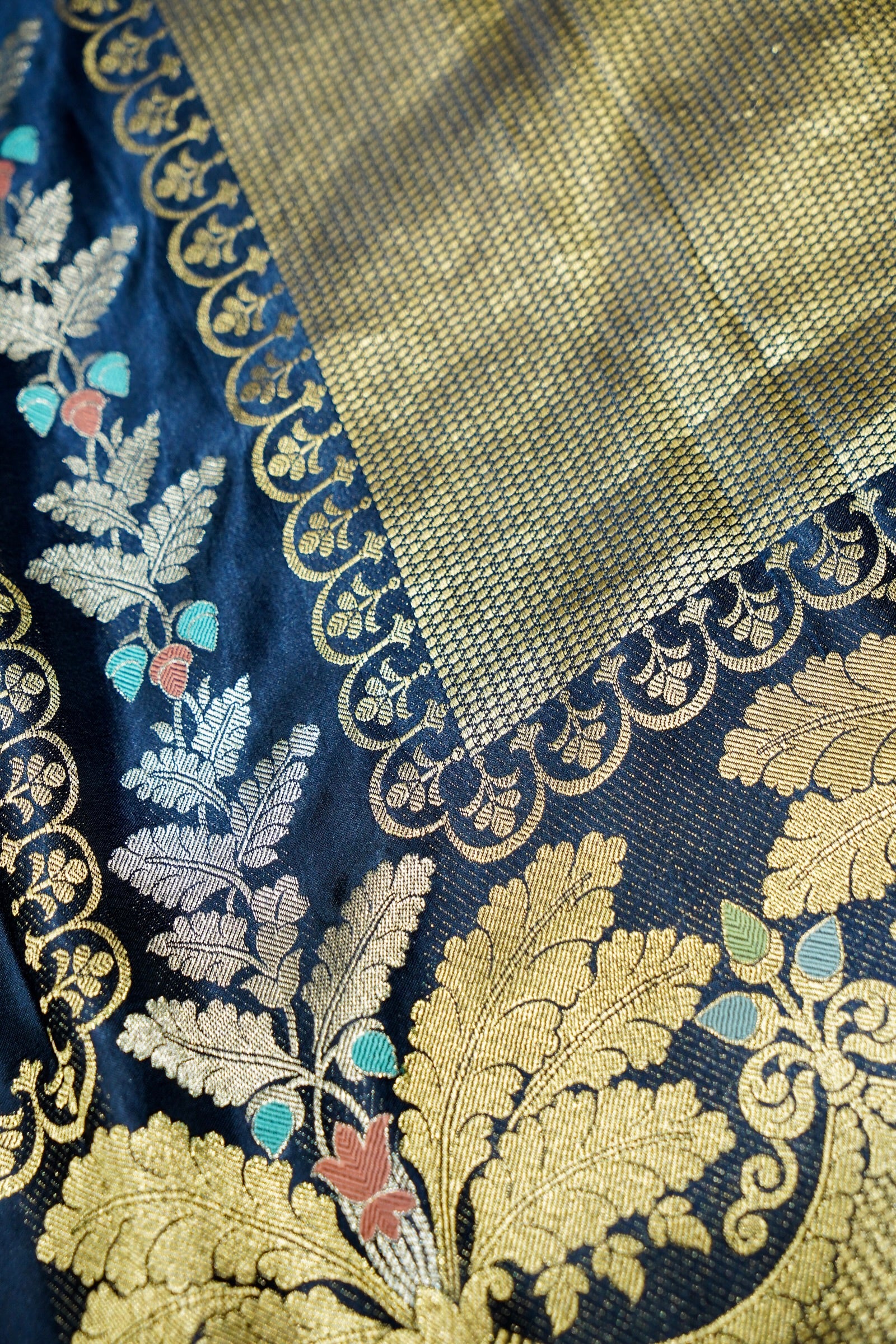 Sapphire Blue Mashru Silk Saree with Champagne Gold Border
