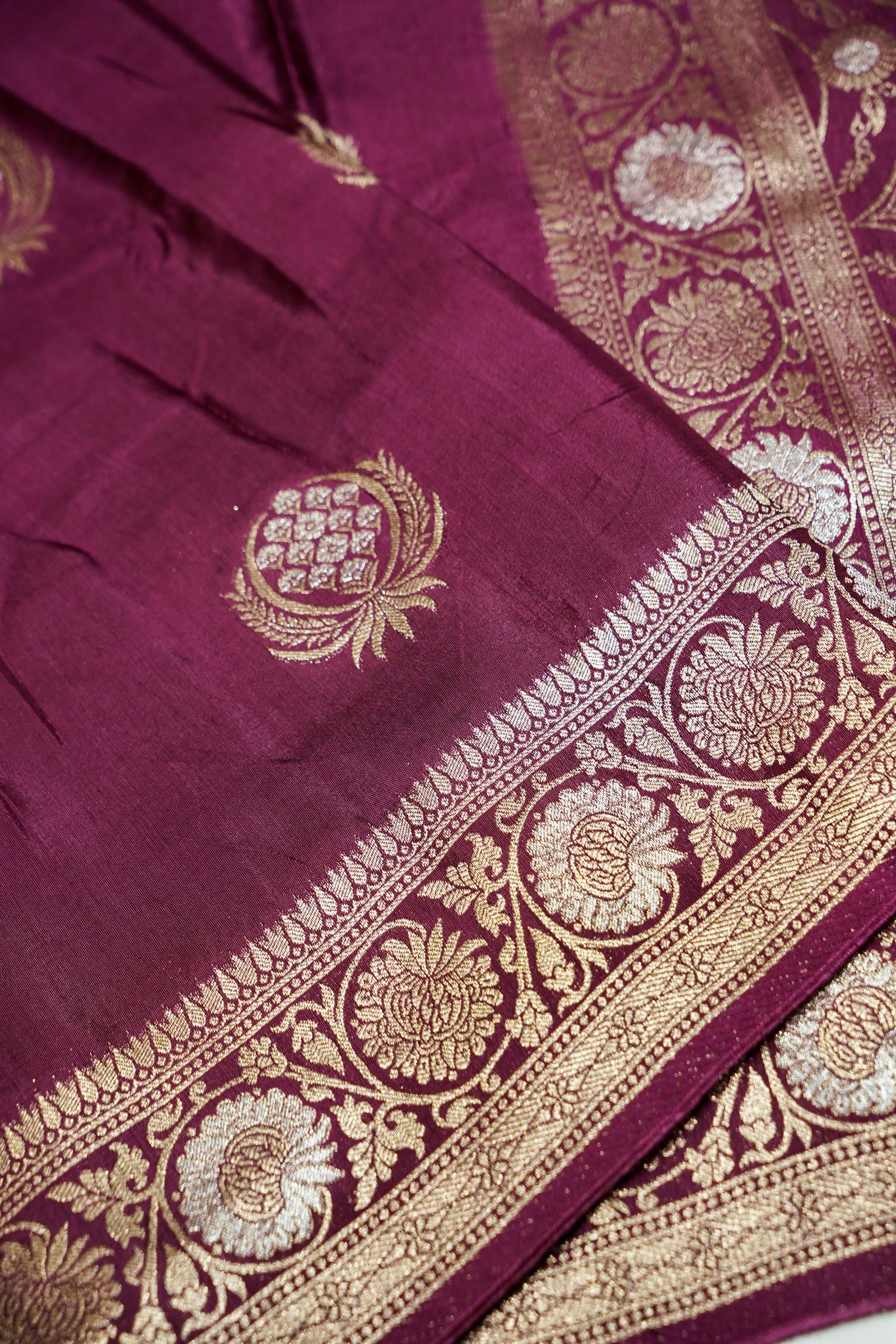 Mulberry Purple Dupion Silk Saree with Champagne Gold Border