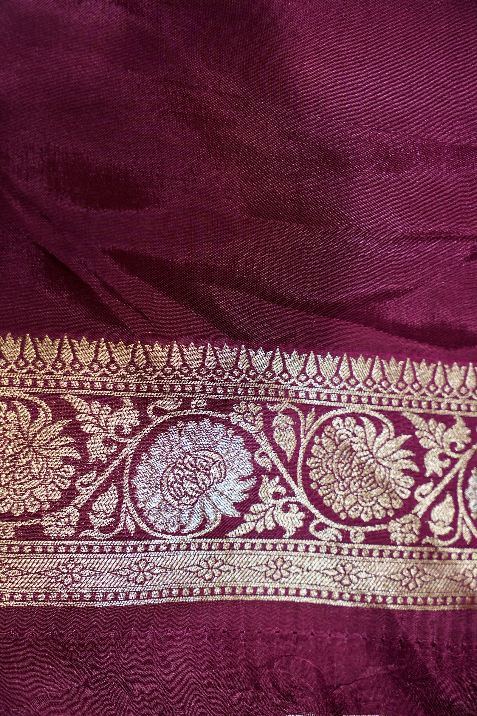 Mulberry Purple Dupion Silk Saree with Champagne Gold Border