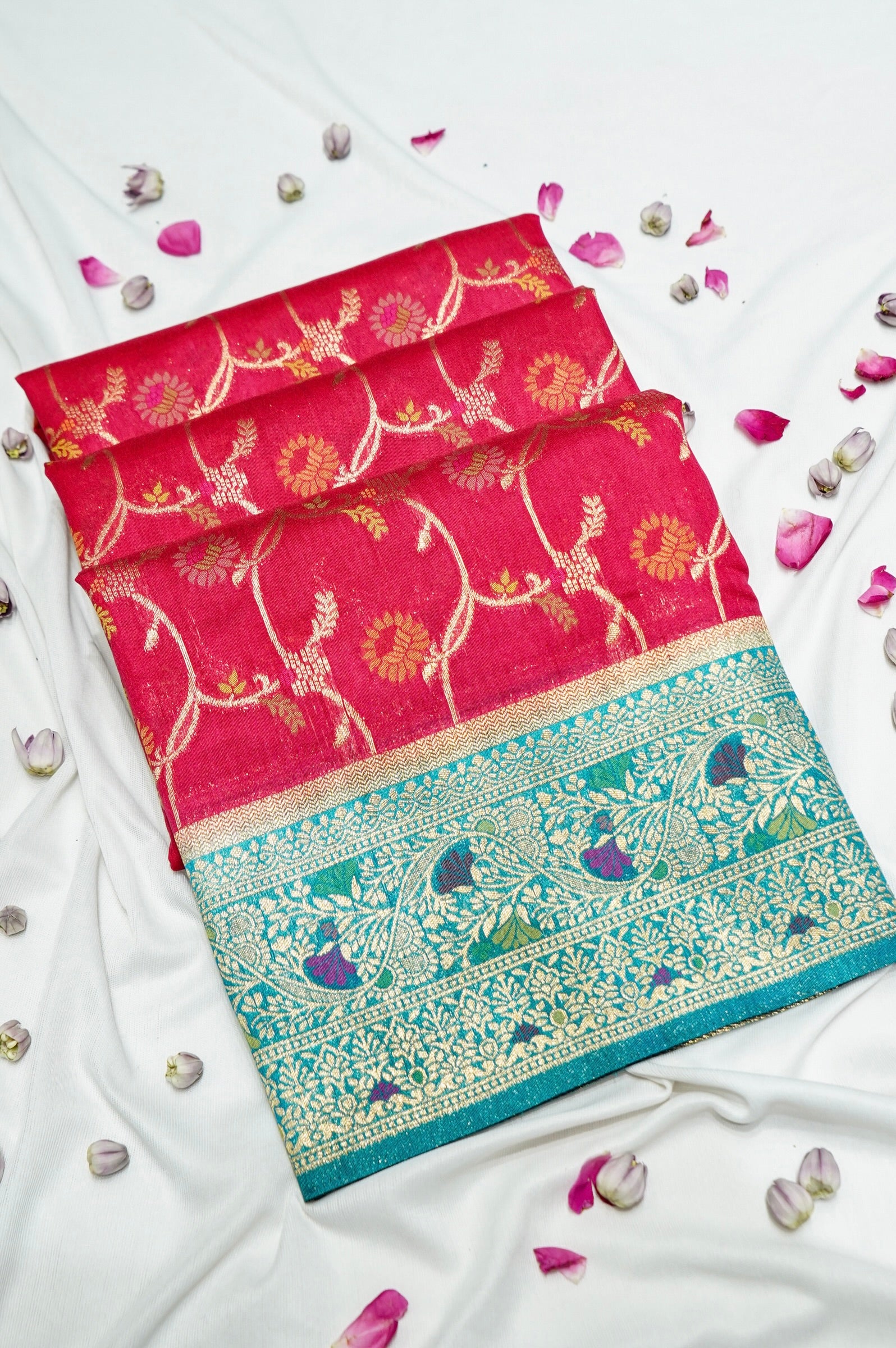 Ruby Pink Ikkat Patola Silk Saree with Turquoise Blue Border