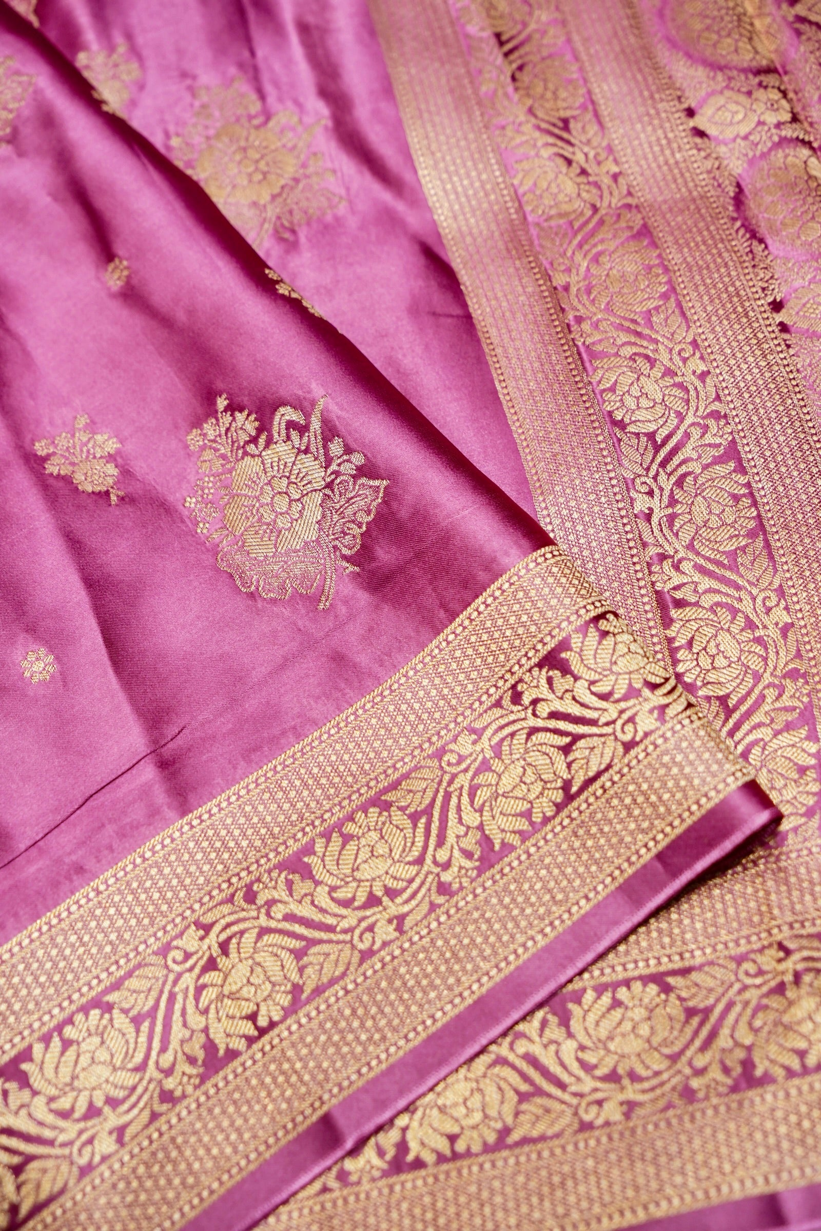 Berry Pink Mashru Silk Saree with Champagne Gold Border