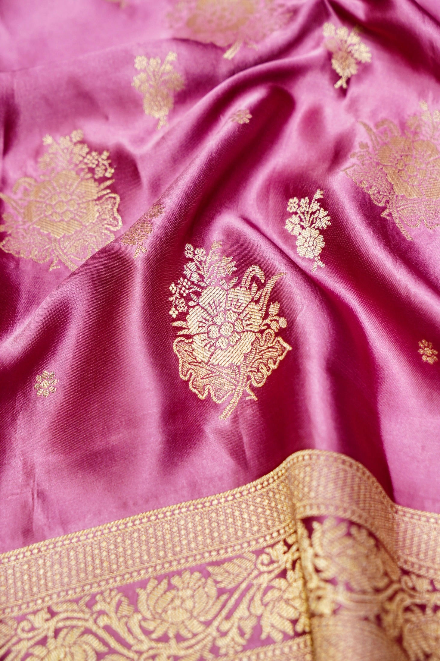 Berry Pink Mashru Silk Saree with Champagne Gold Border