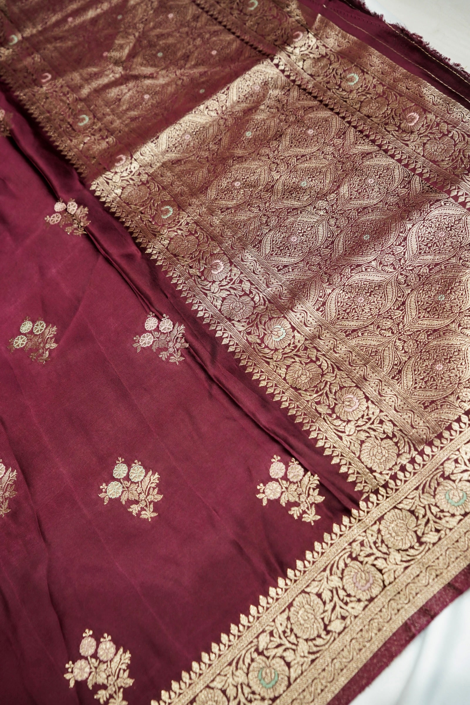 Brown Wine Mashru Silk Saree with Champagne Gold Border