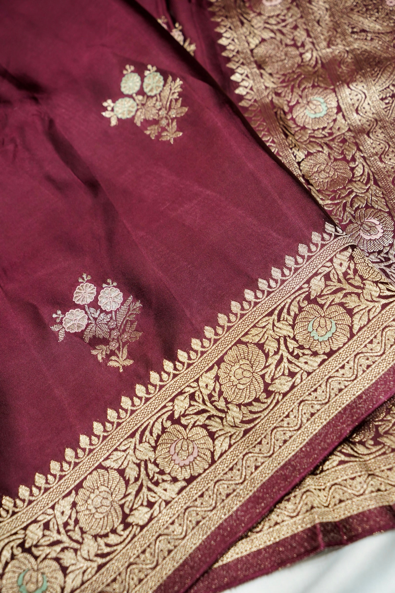 Brown Wine Mashru Silk Saree with Champagne Gold Border