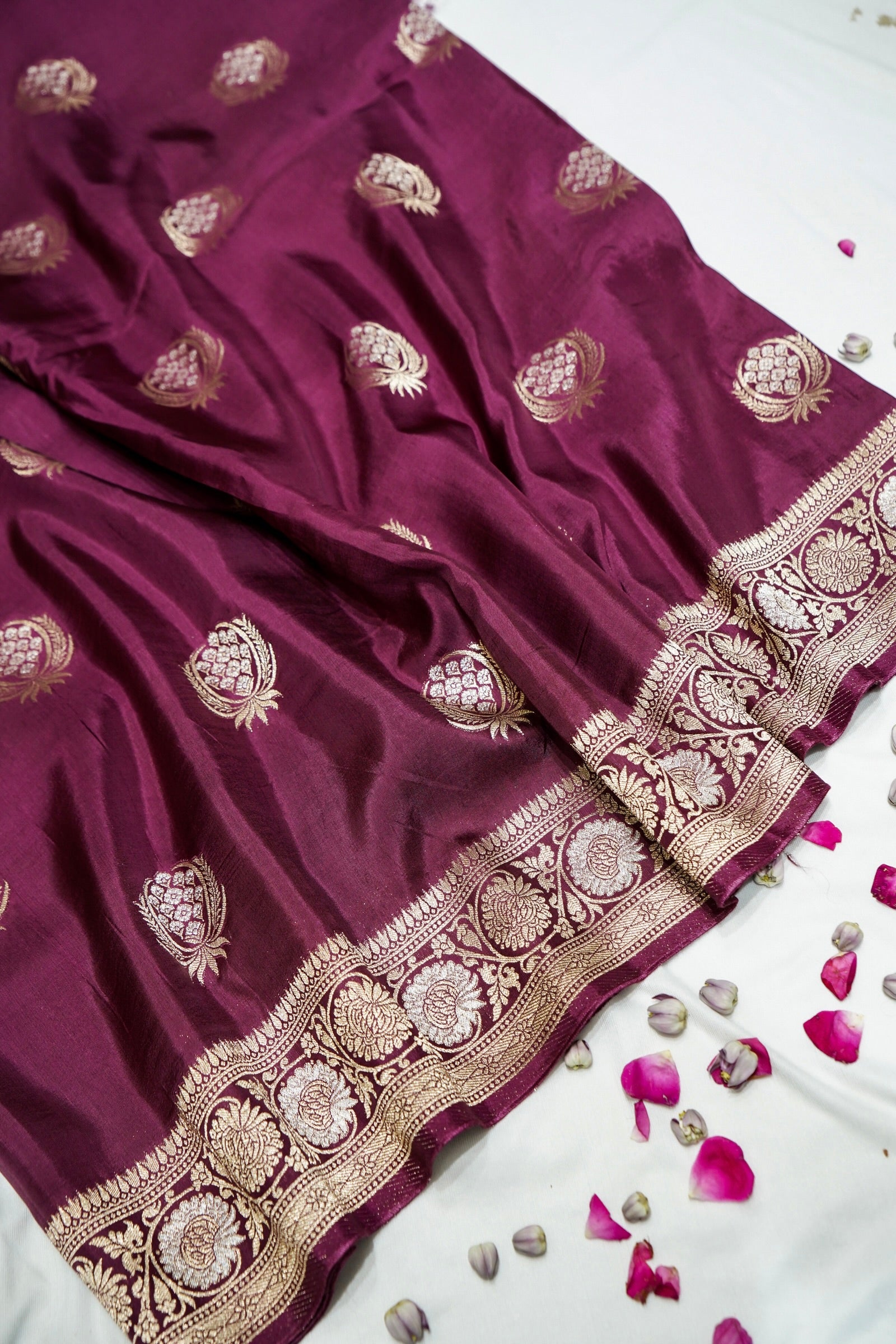 Mulberry Purple Dupion Silk Saree with Champagne Gold Border