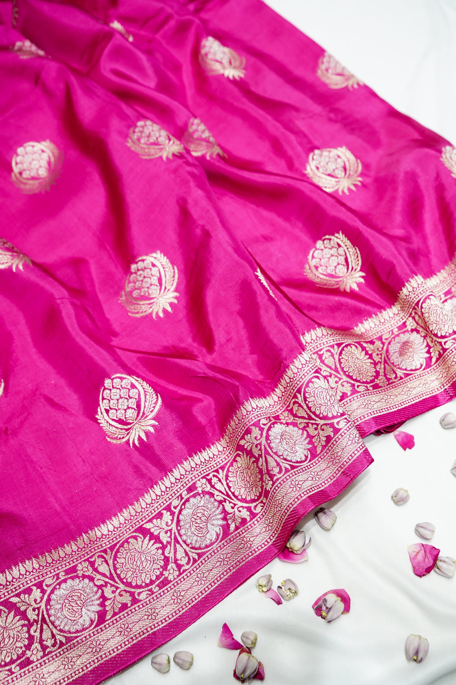 Fuchsia Pink Dupion Silk Saree with Champagne Gold Border