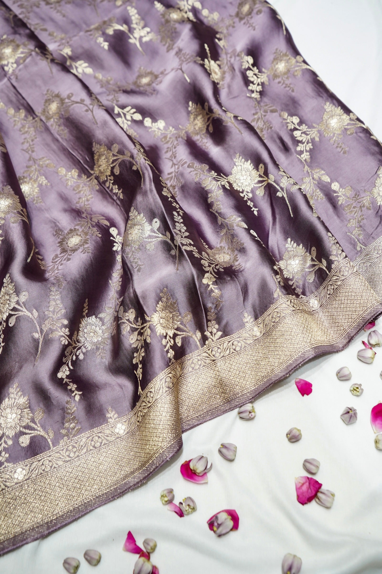 Dusty Lavender Mashru Silk Saree with Champagne Gold Border