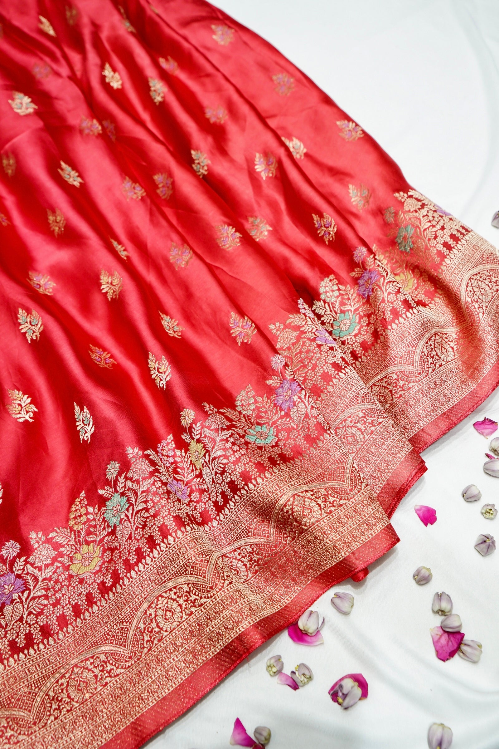 Ruby Red Mashru Silk Saree with Champagne Gold Border