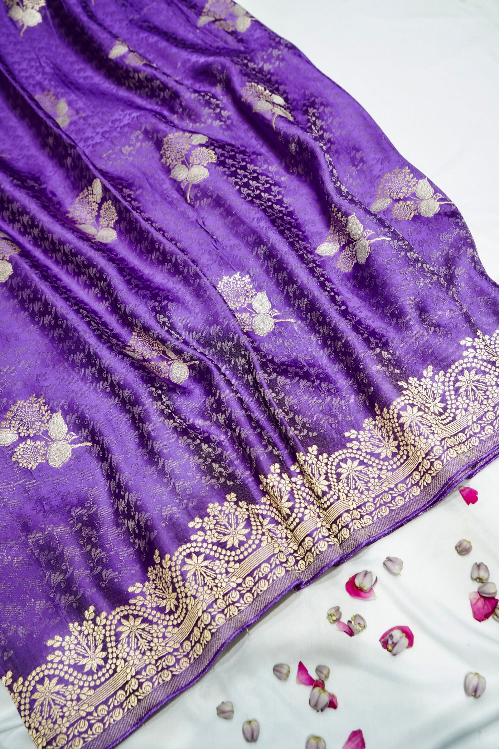 Amethyst Purple Mashru Tissue Silk Saree with Gold Zari Border