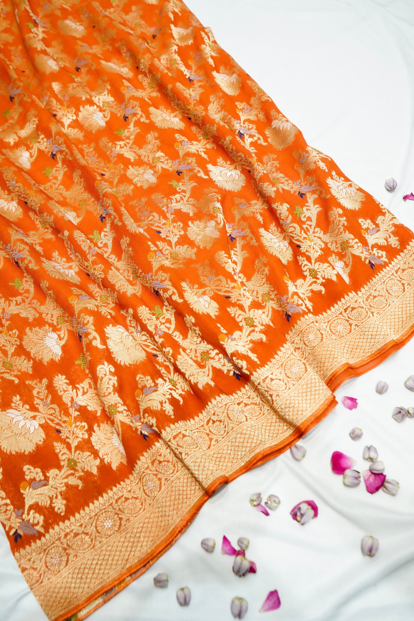 Tangerine Orange Semi Georgette Silk Saree with Gold Zari Border