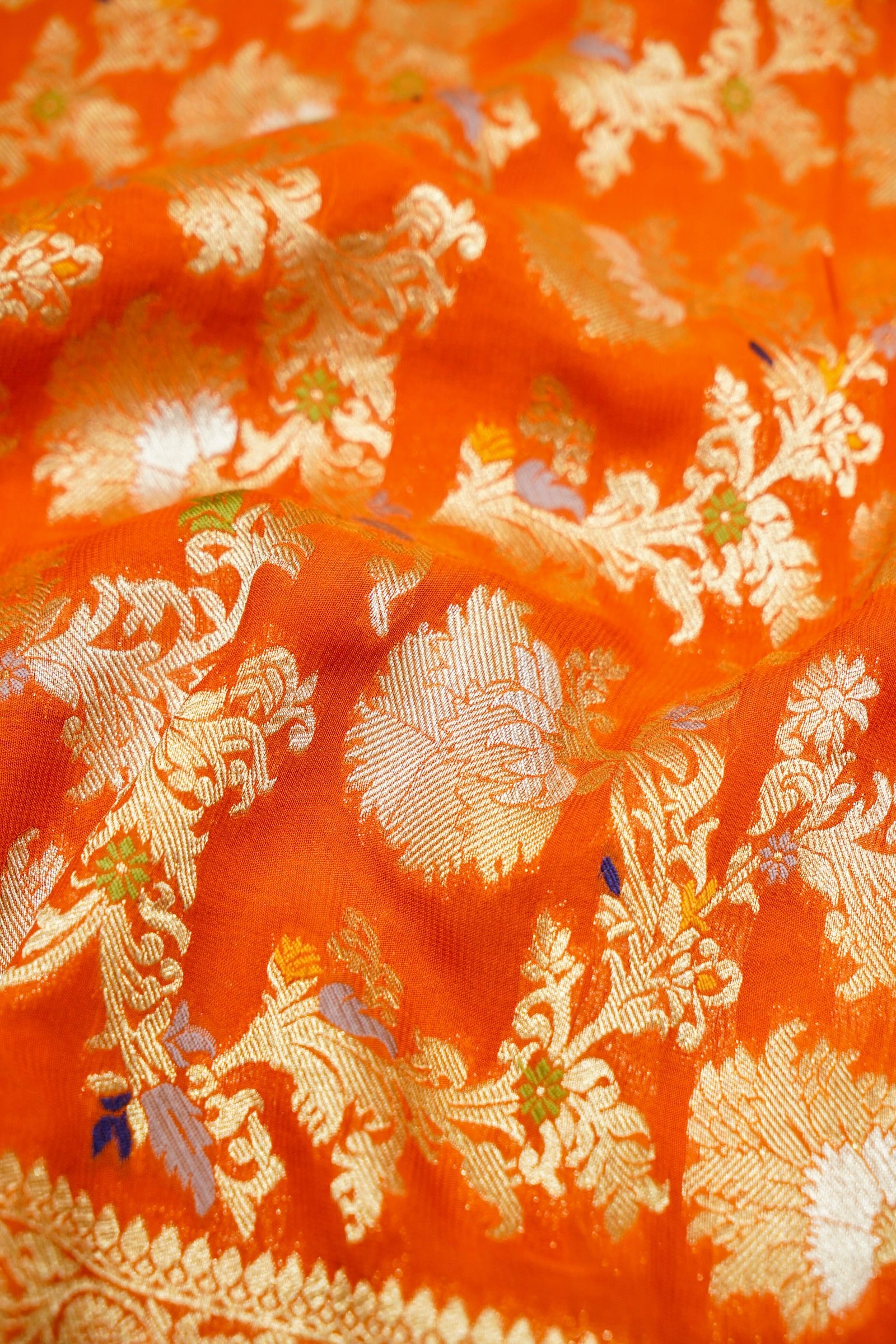 Tangerine Orange Semi Georgette Silk Saree with Gold Zari Border