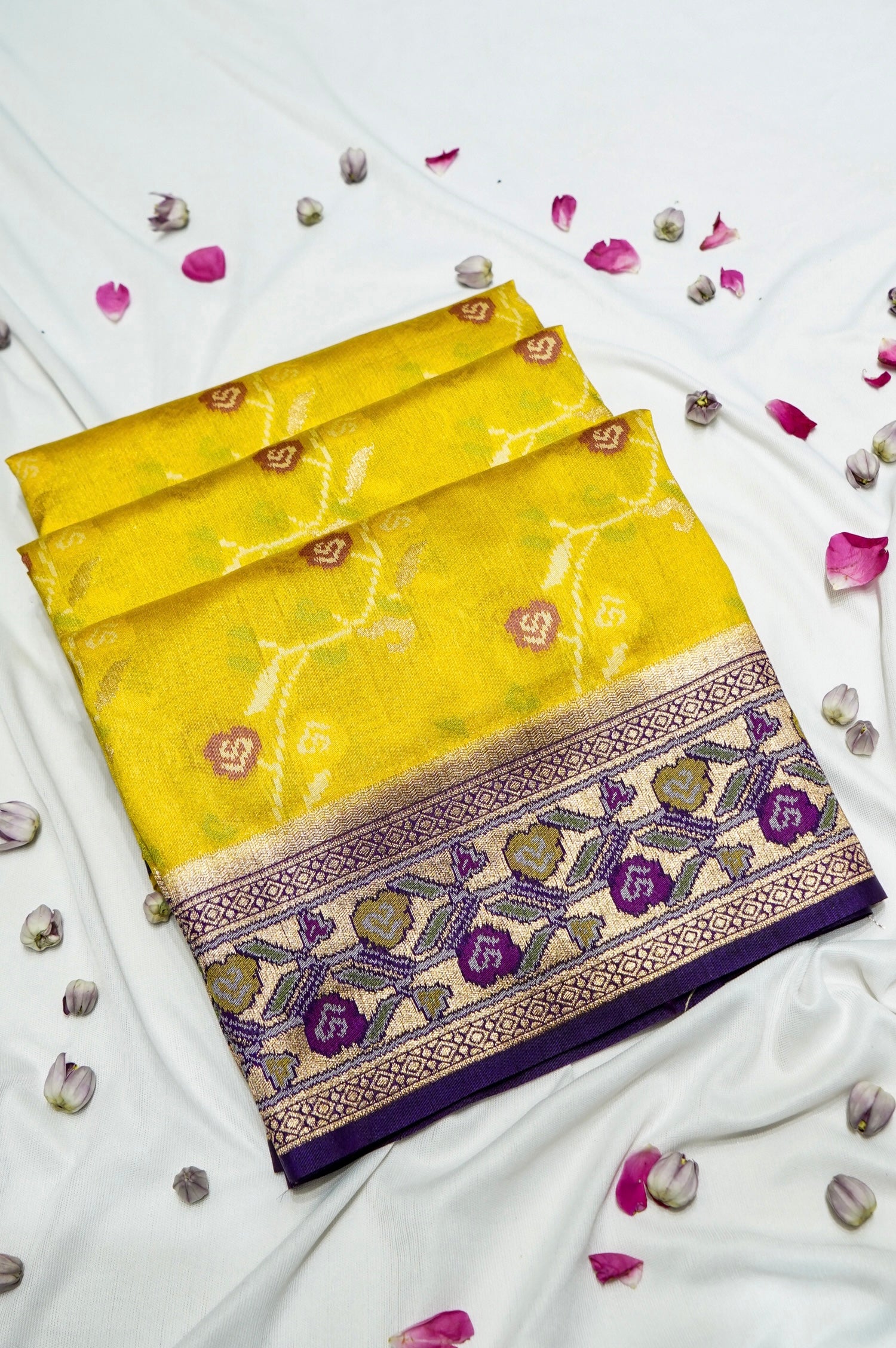 Sunshine Yellow Ikkat Patola Silk Saree with Violet Border