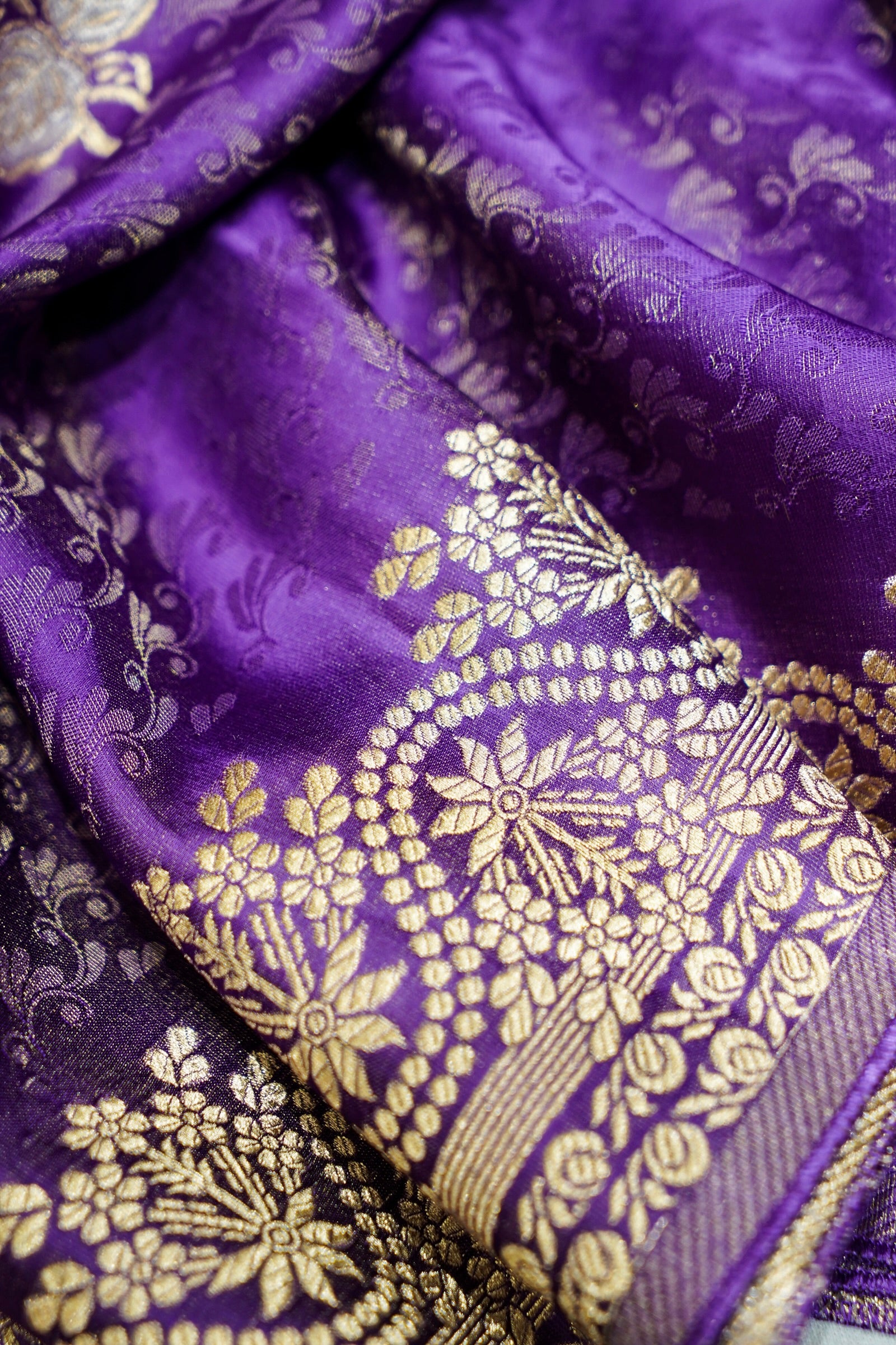 Amethyst Purple Mashru Tissue Silk Saree with Gold Zari Border