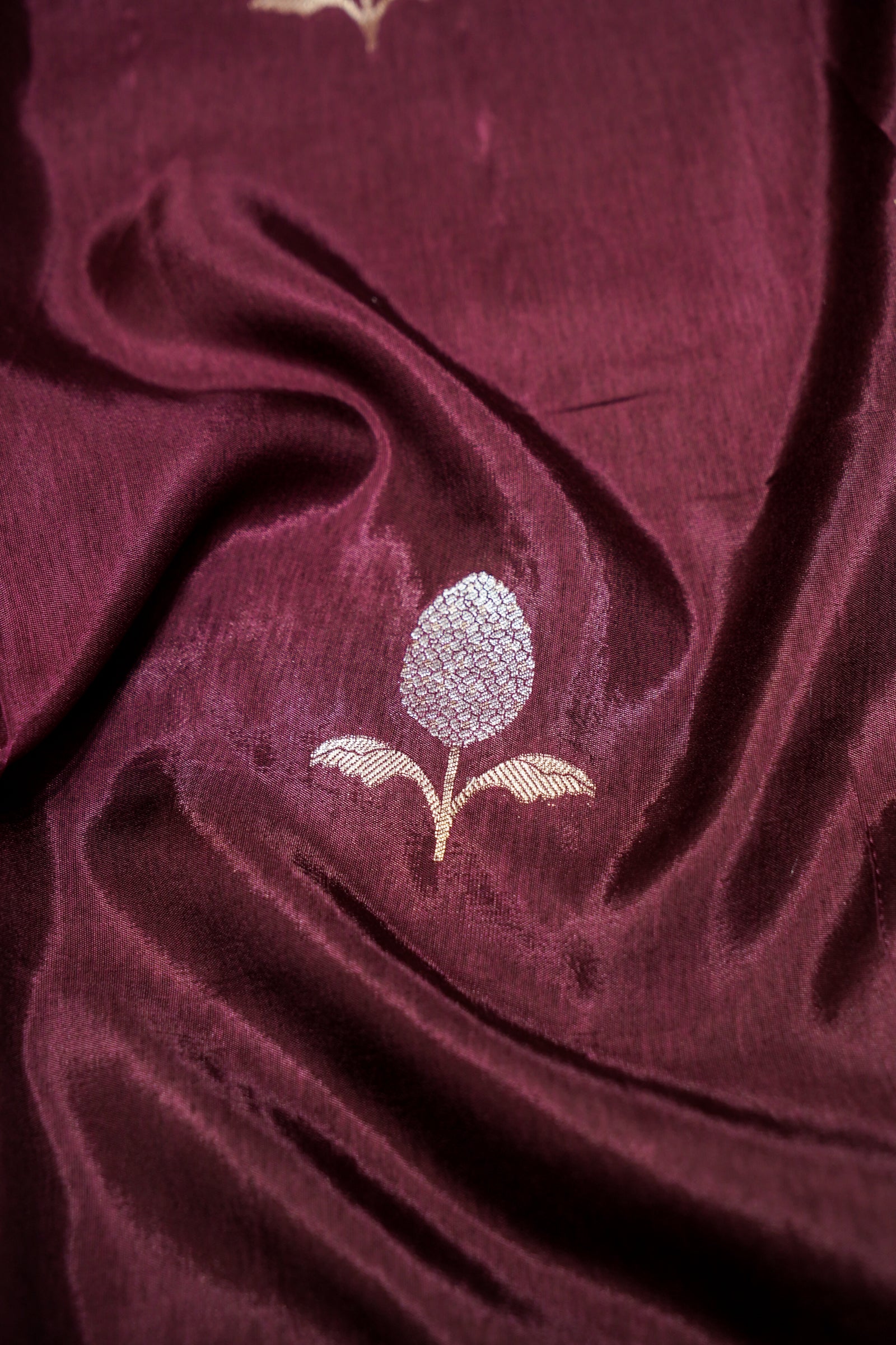 Wine Maroon Mashru Silk Saree with Champagne Gold Border