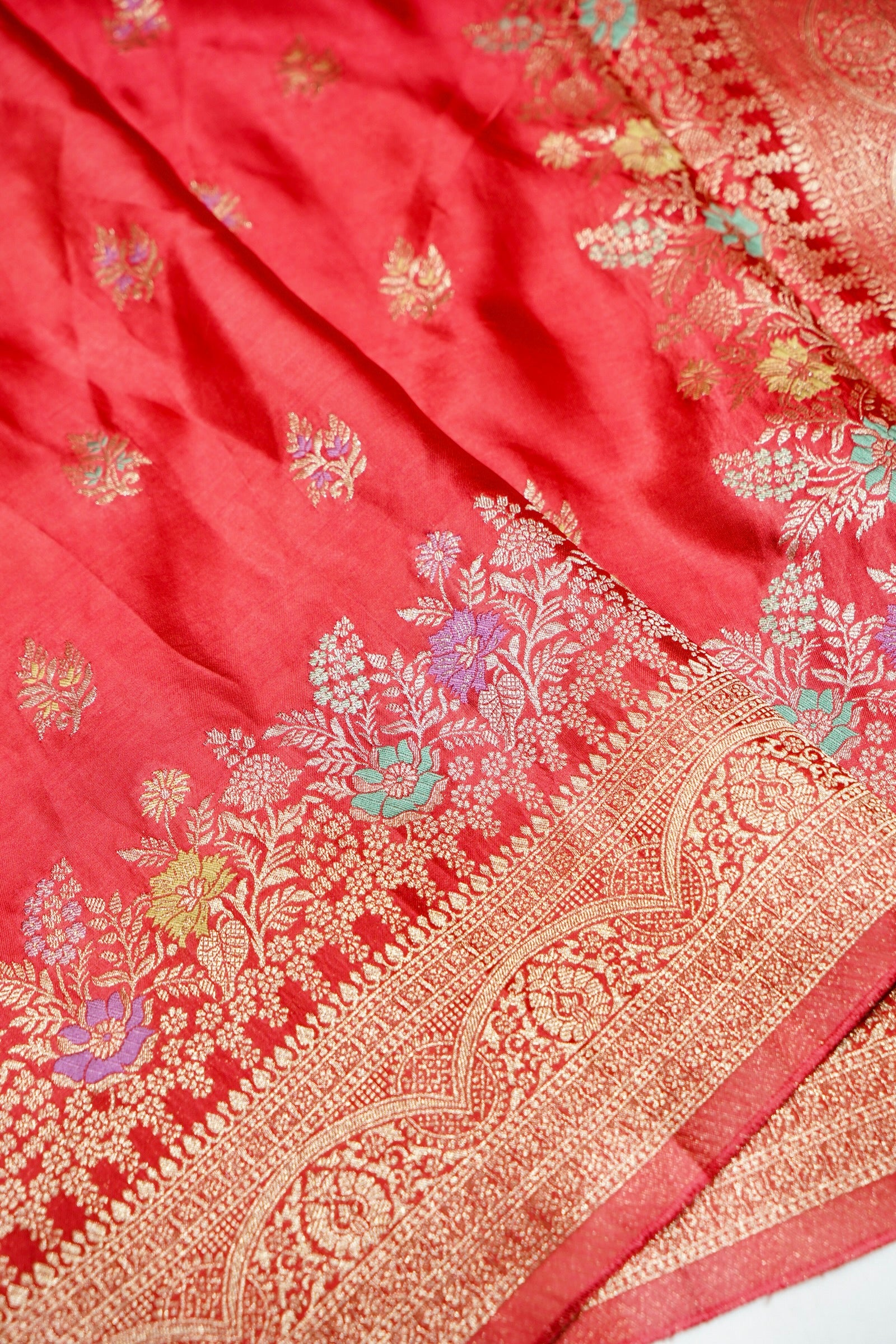 Ruby Red Mashru Silk Saree with Champagne Gold Border