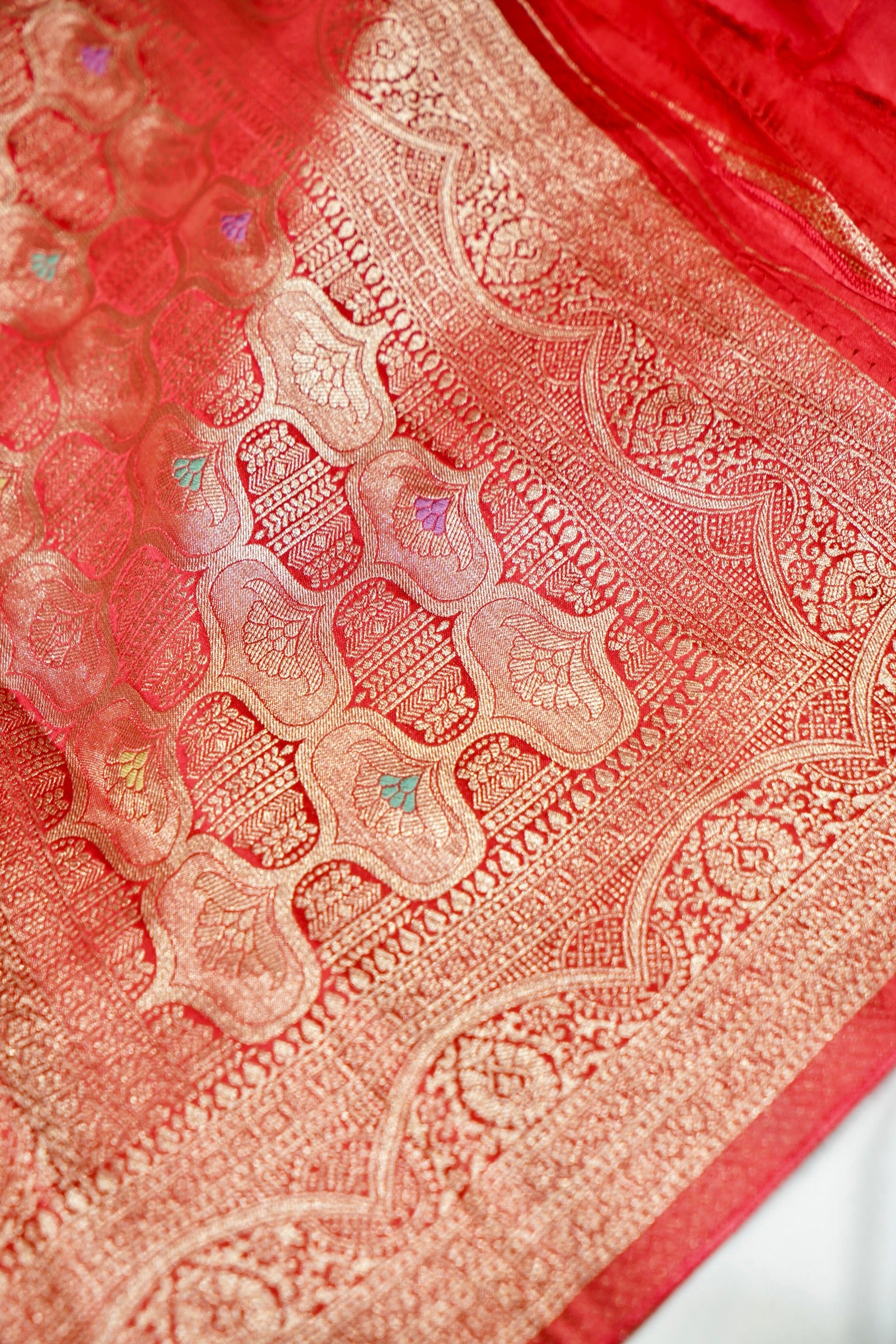 Ruby Red Mashru Silk Saree with Champagne Gold Border