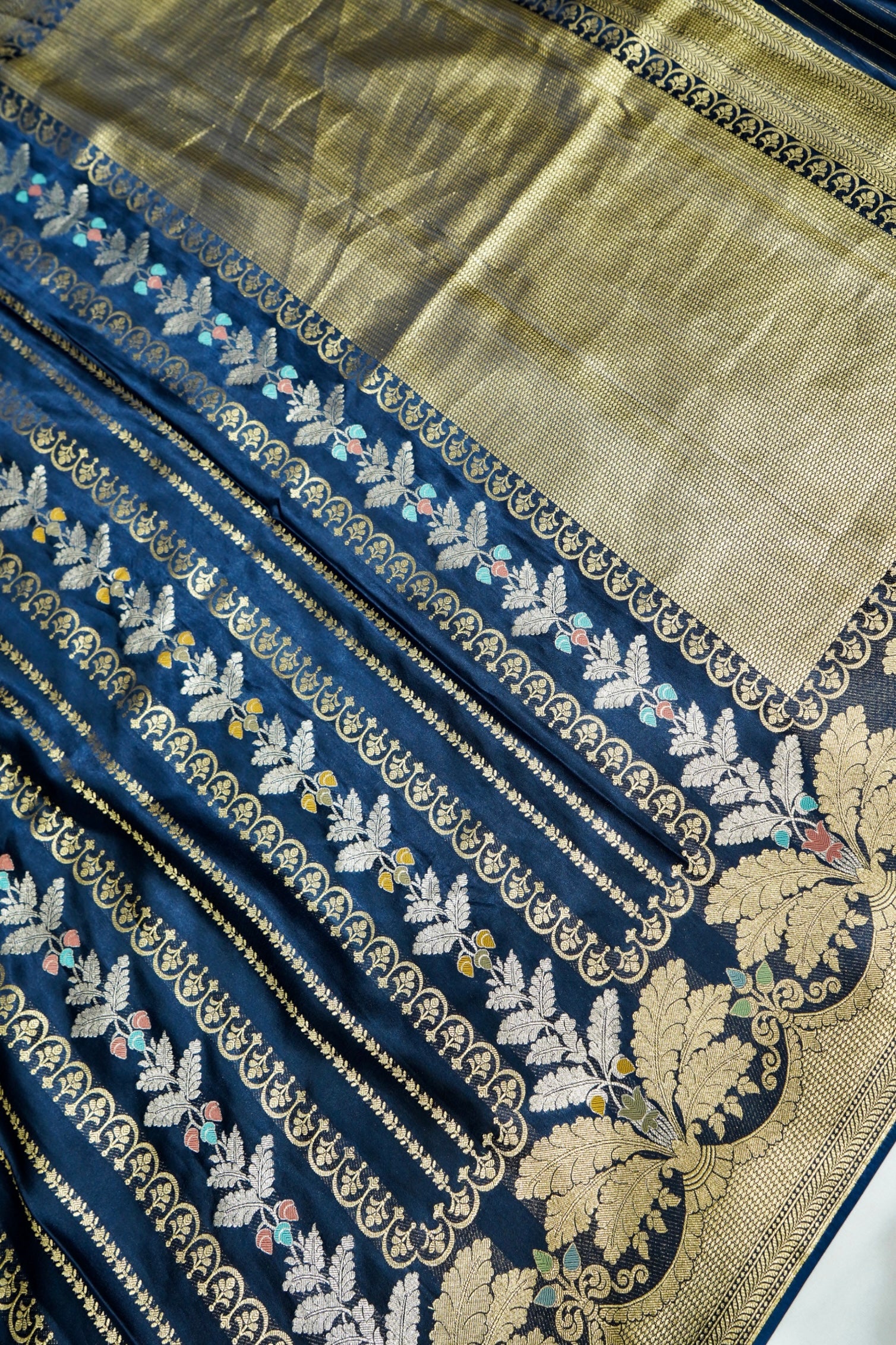 Sapphire Blue Mashru Silk Saree with Champagne Gold Border