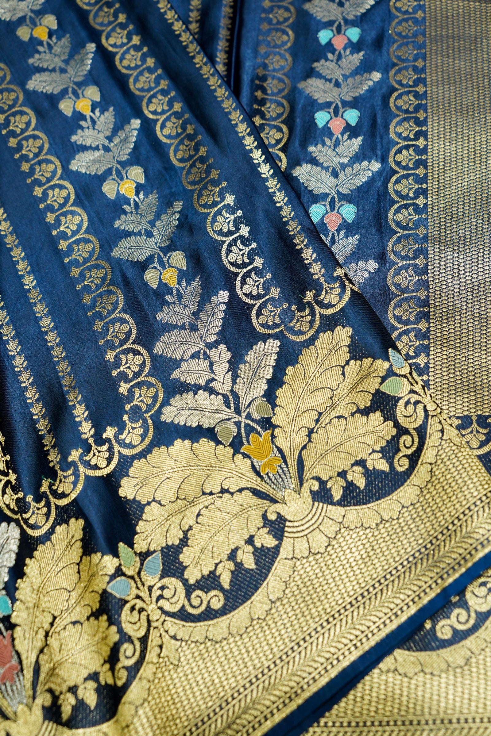 Sapphire Blue Mashru Silk Saree with Champagne Gold Border