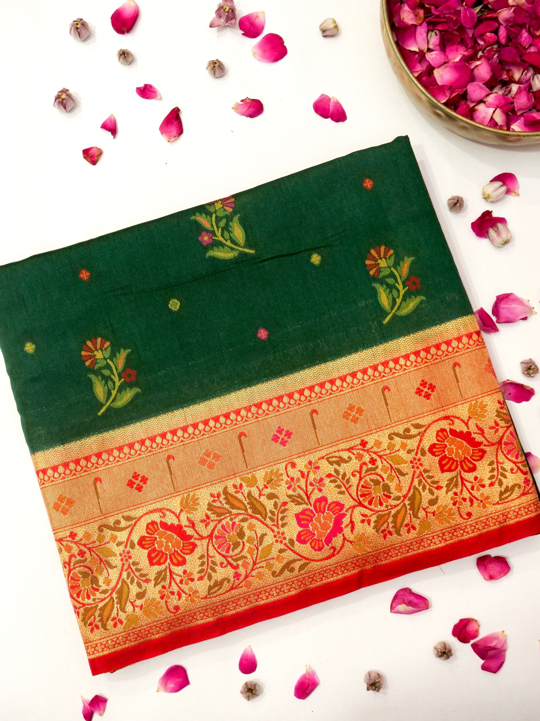 Bottle Green Patola Silk Saree with Contrast Coral Floral Zari Border