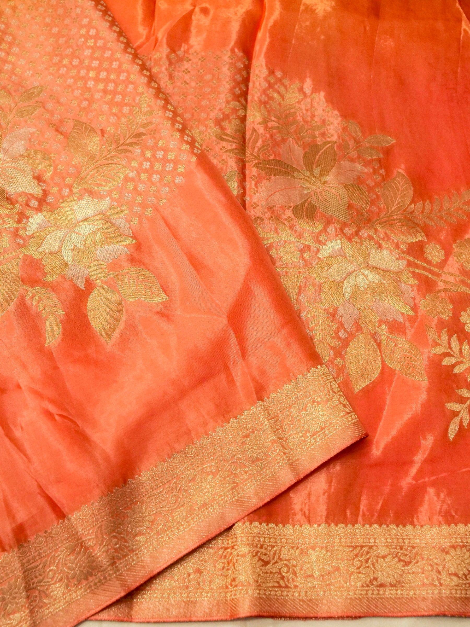 Salmon Peach Ombré Shade Muslin Silk Saree with Champagne Border