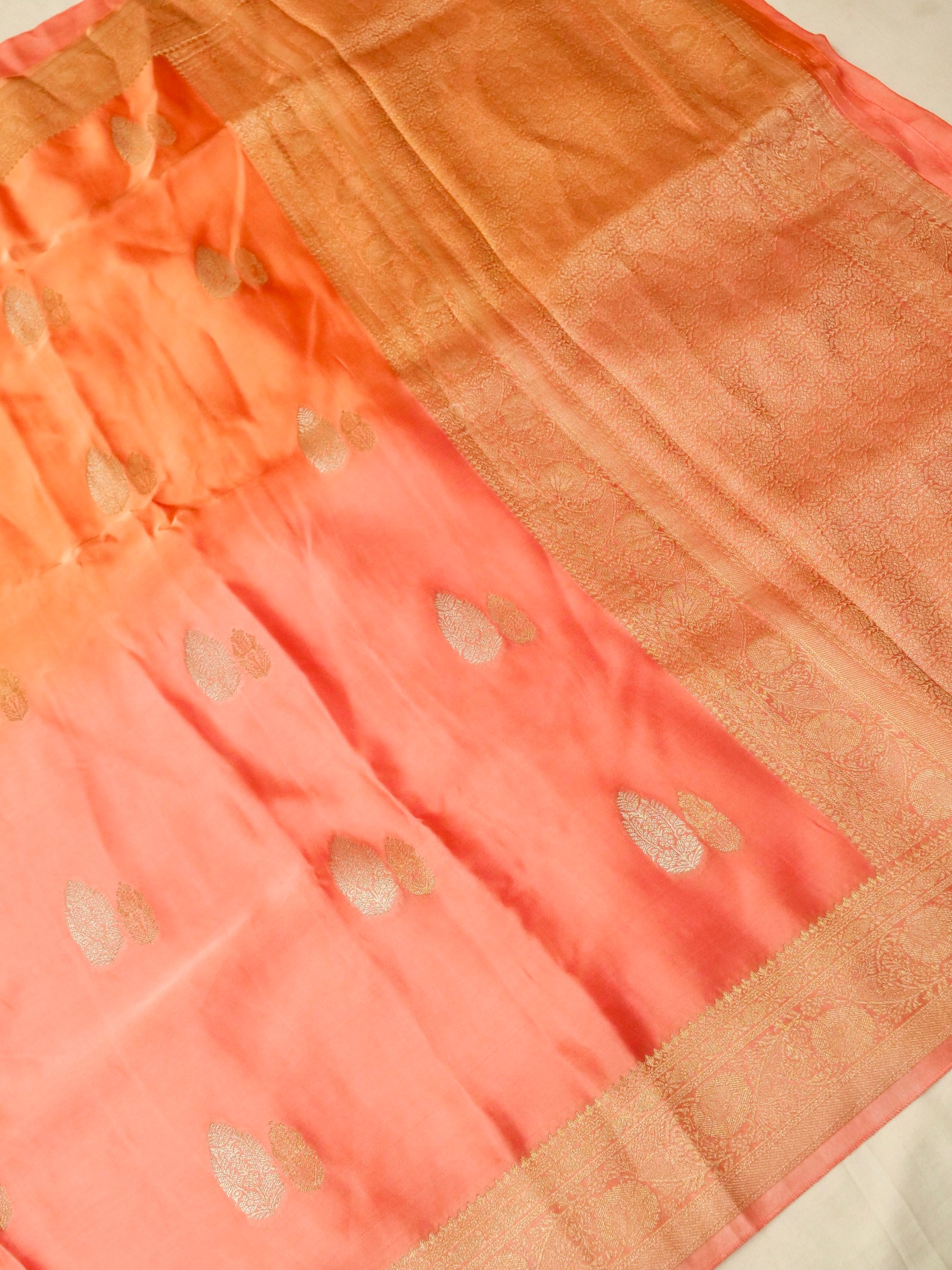 Coral Peach Ombré Mashru Silk Saree with Champagne Border
