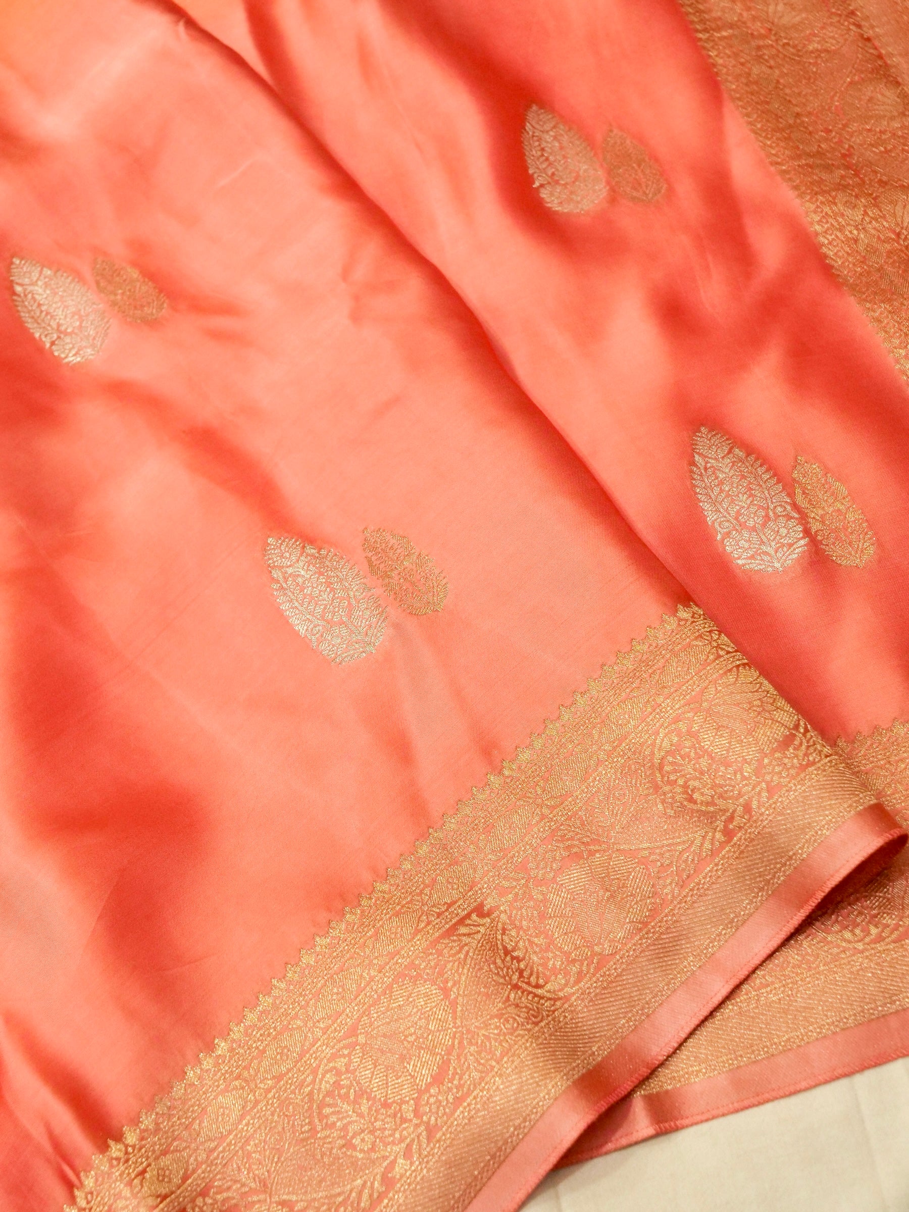Coral Peach Ombré Mashru Silk Saree with Champagne Border