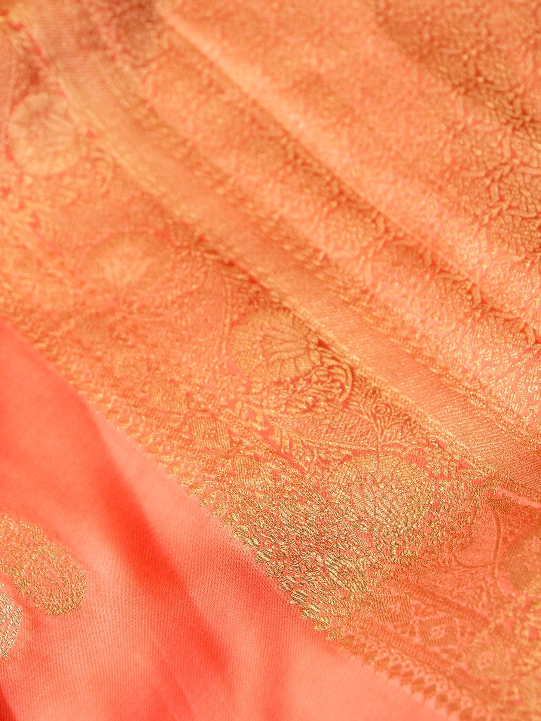 Coral Peach Ombré Mashru Silk Saree with Champagne Border