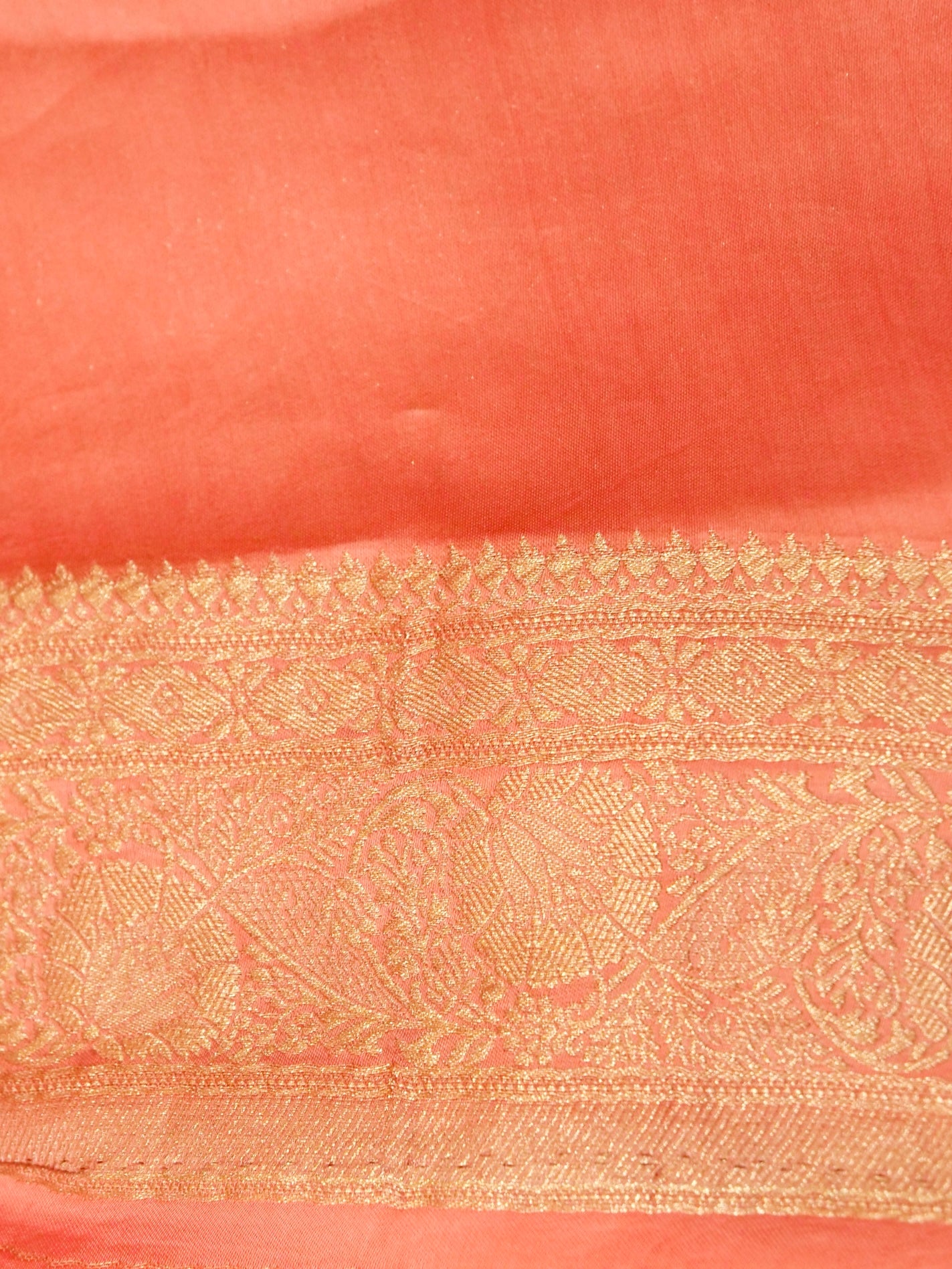 Coral Peach Ombré Mashru Silk Saree with Champagne Border