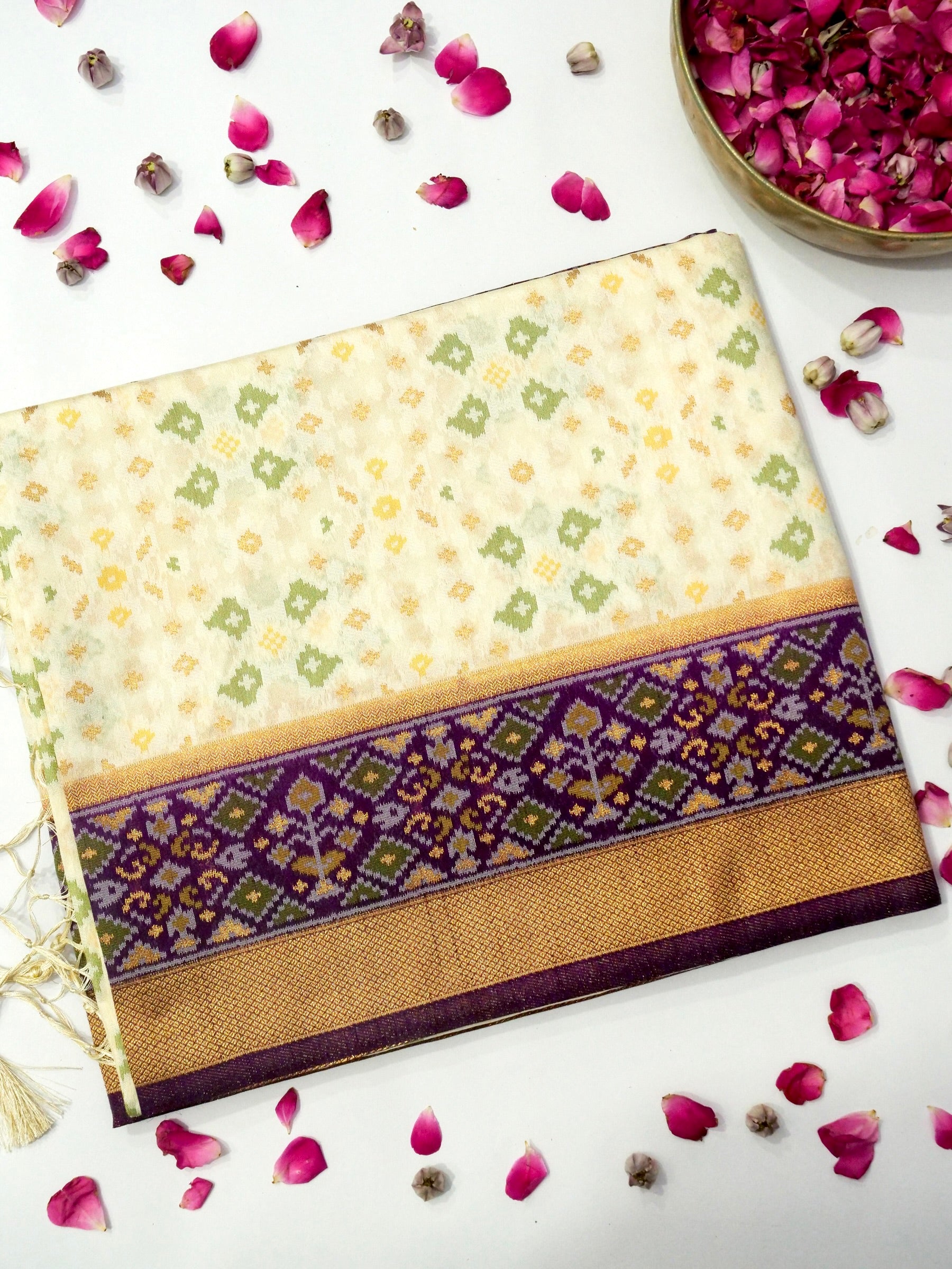 Soft Ivory Patola Silk Saree with Royal Purple Border