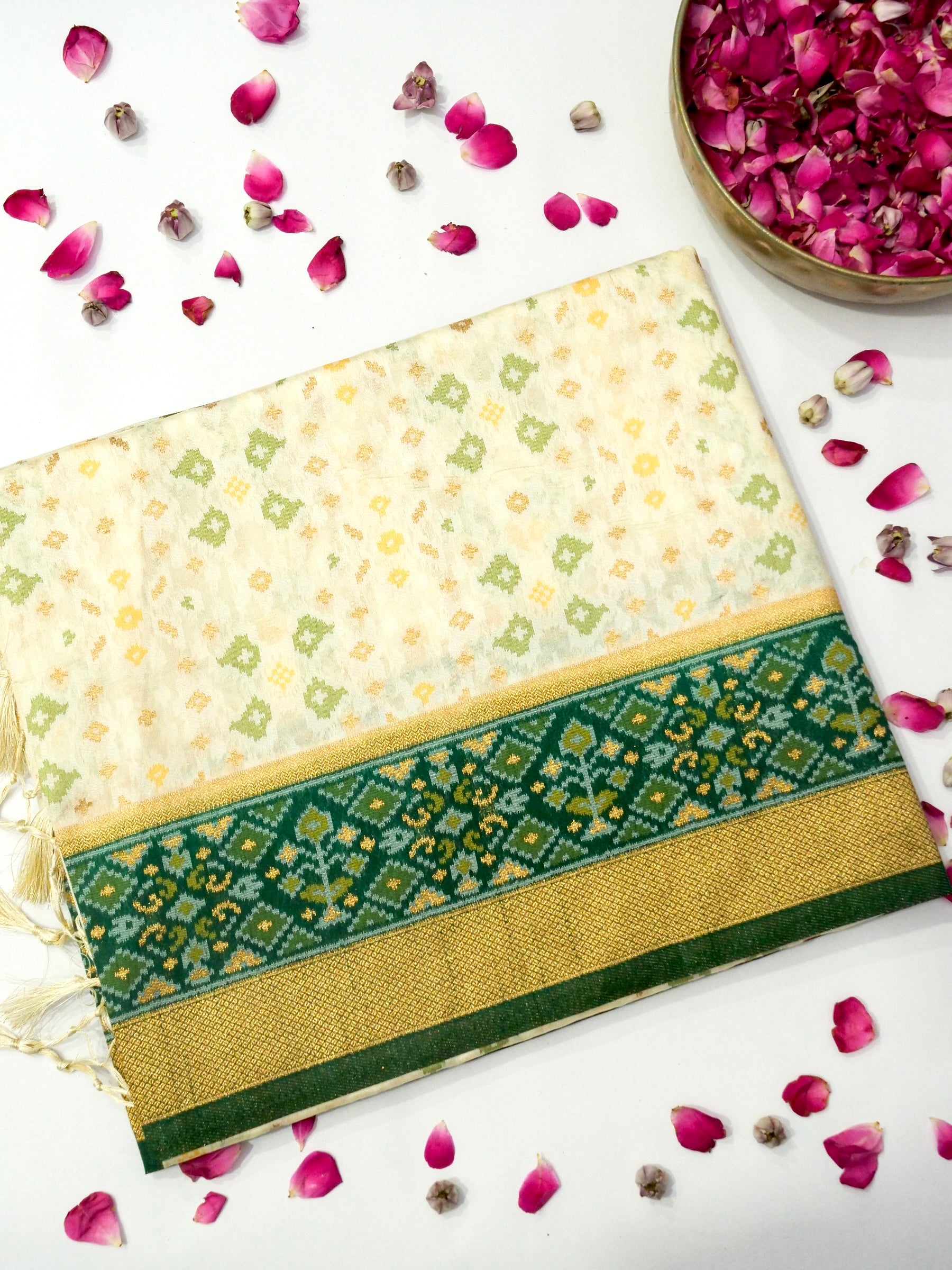 Soft Ivory Patola Silk Saree with Emerald Green Border