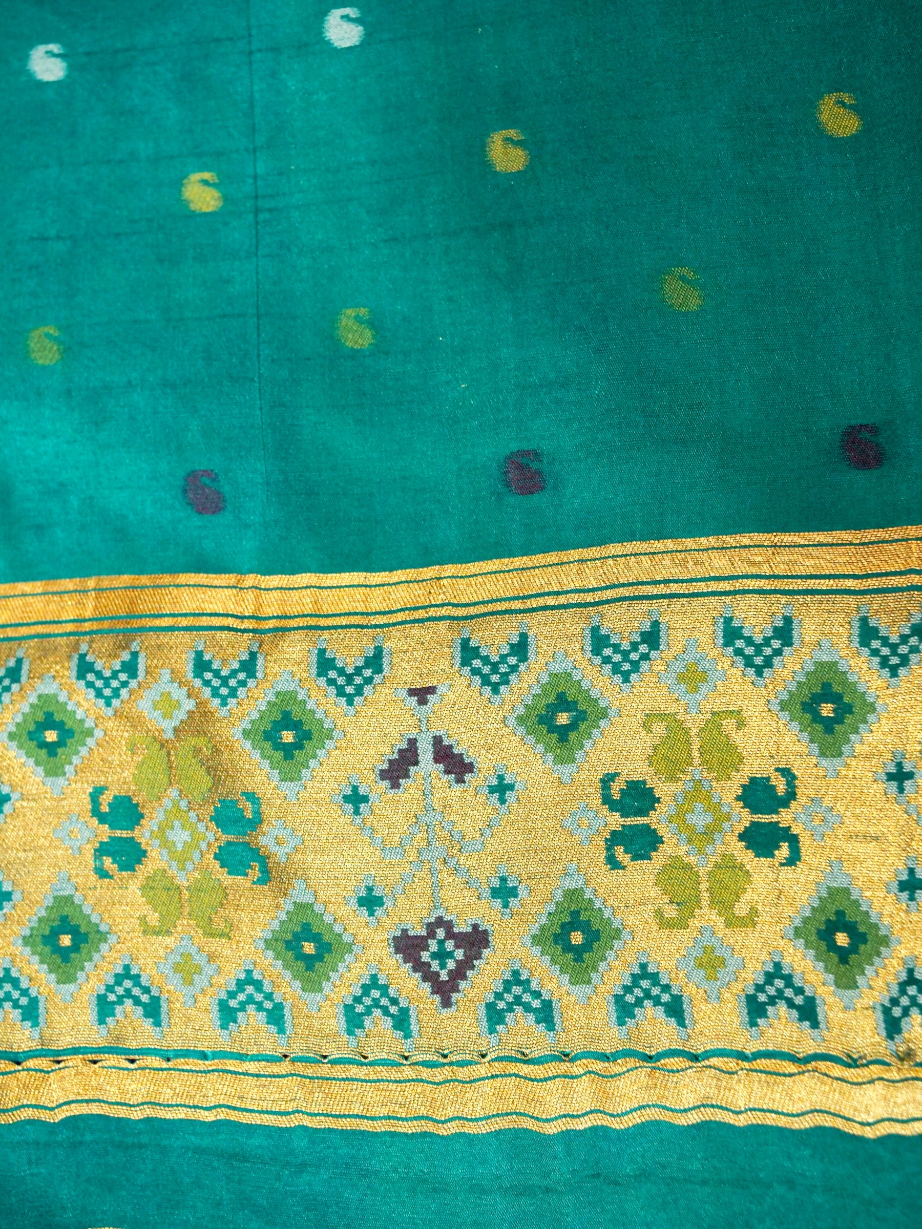 Magenta Purple Patola Silk Saree with Contrast Teal Green Border