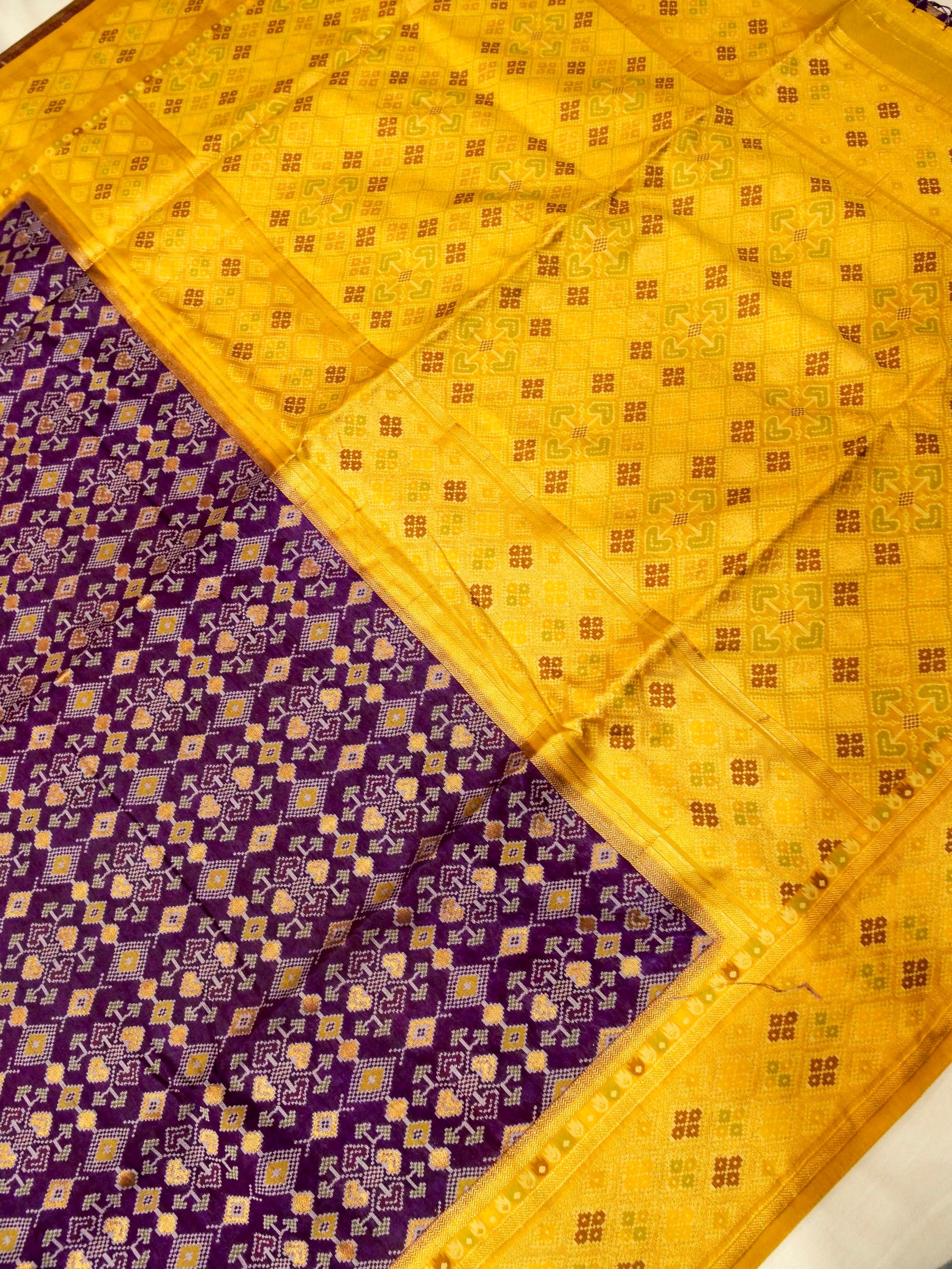 Royal Plum Patola Silk Saree with Contrast Sunflower Yellow Border