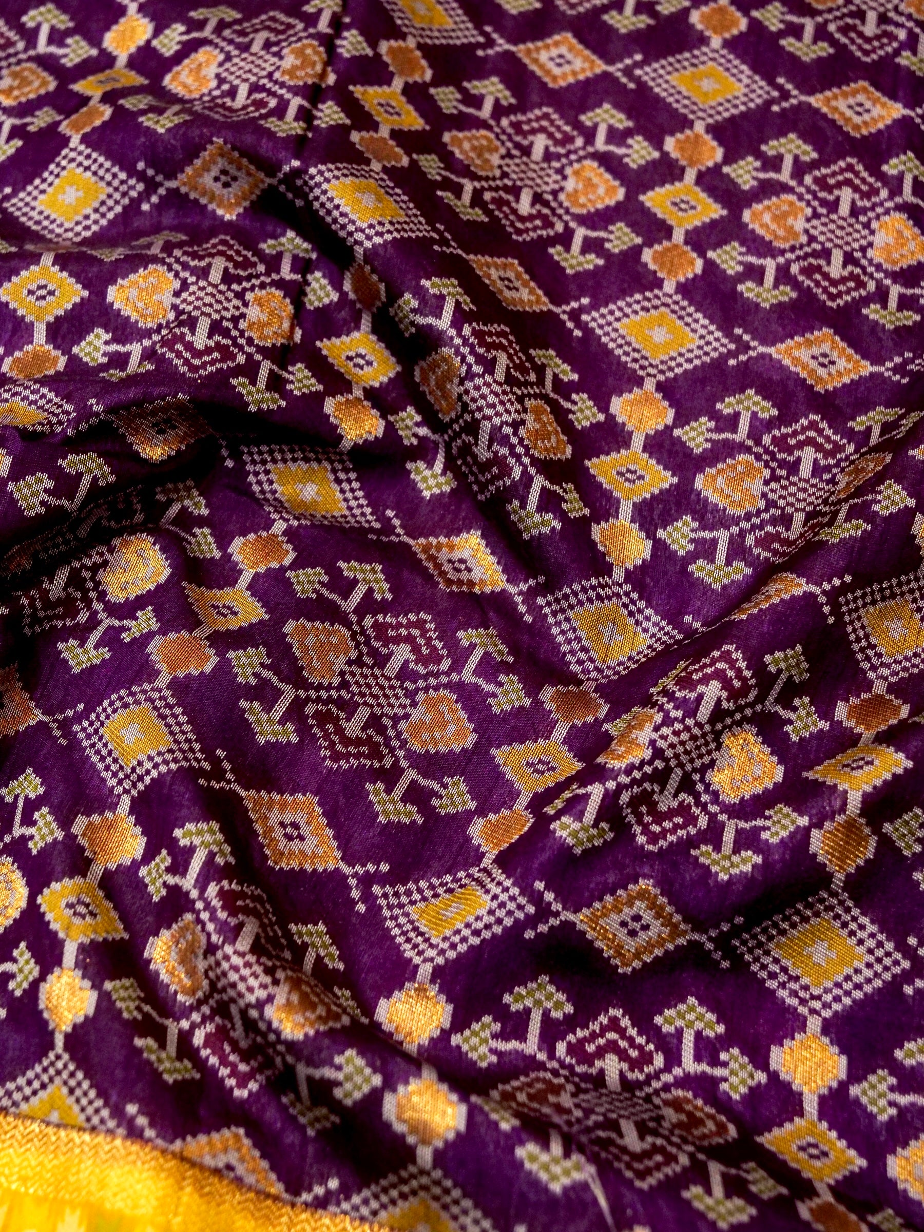 Royal Plum Patola Silk Saree with Contrast Sunflower Yellow Border