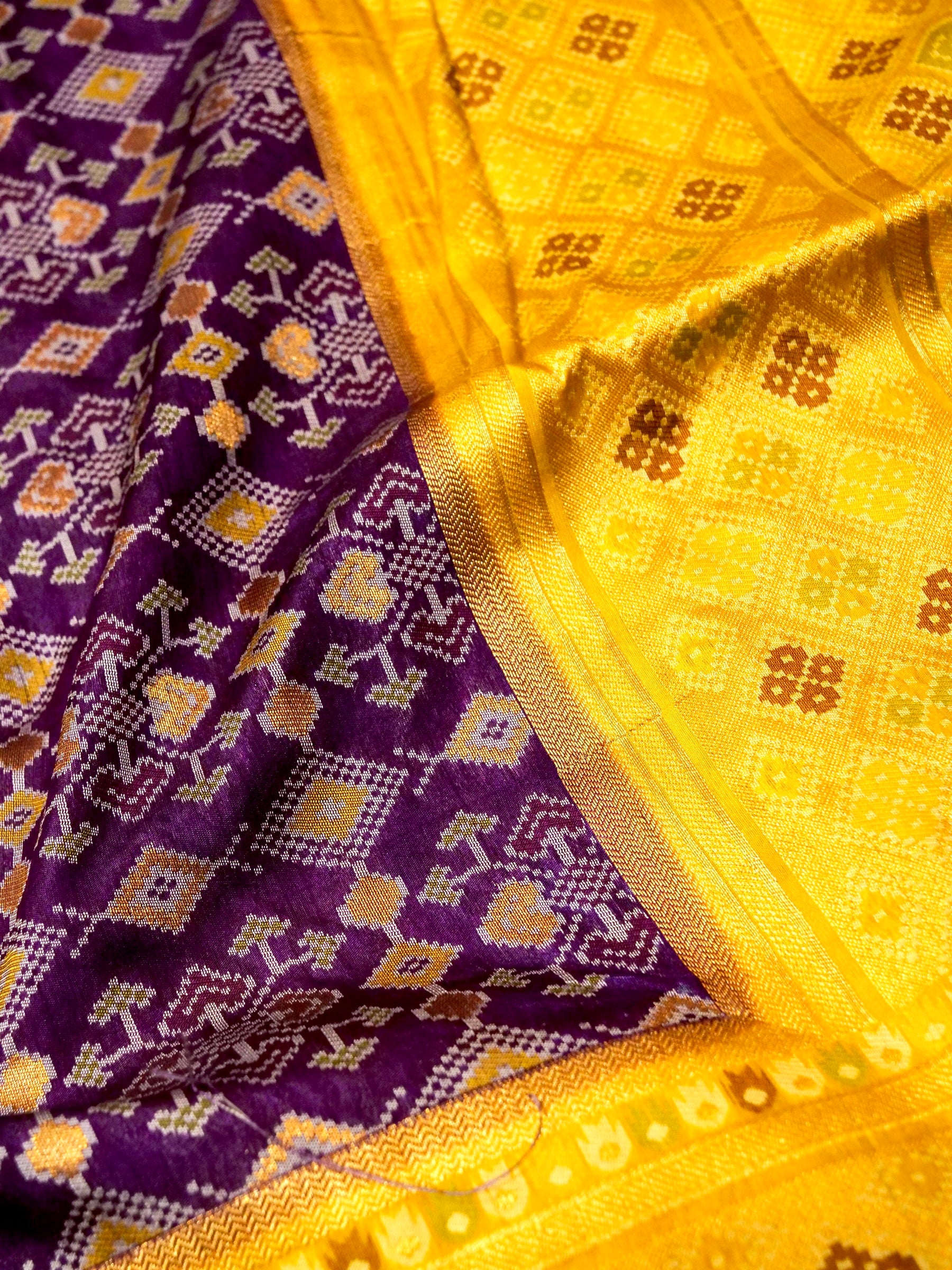 Royal Plum Patola Silk Saree with Contrast Sunflower Yellow Border